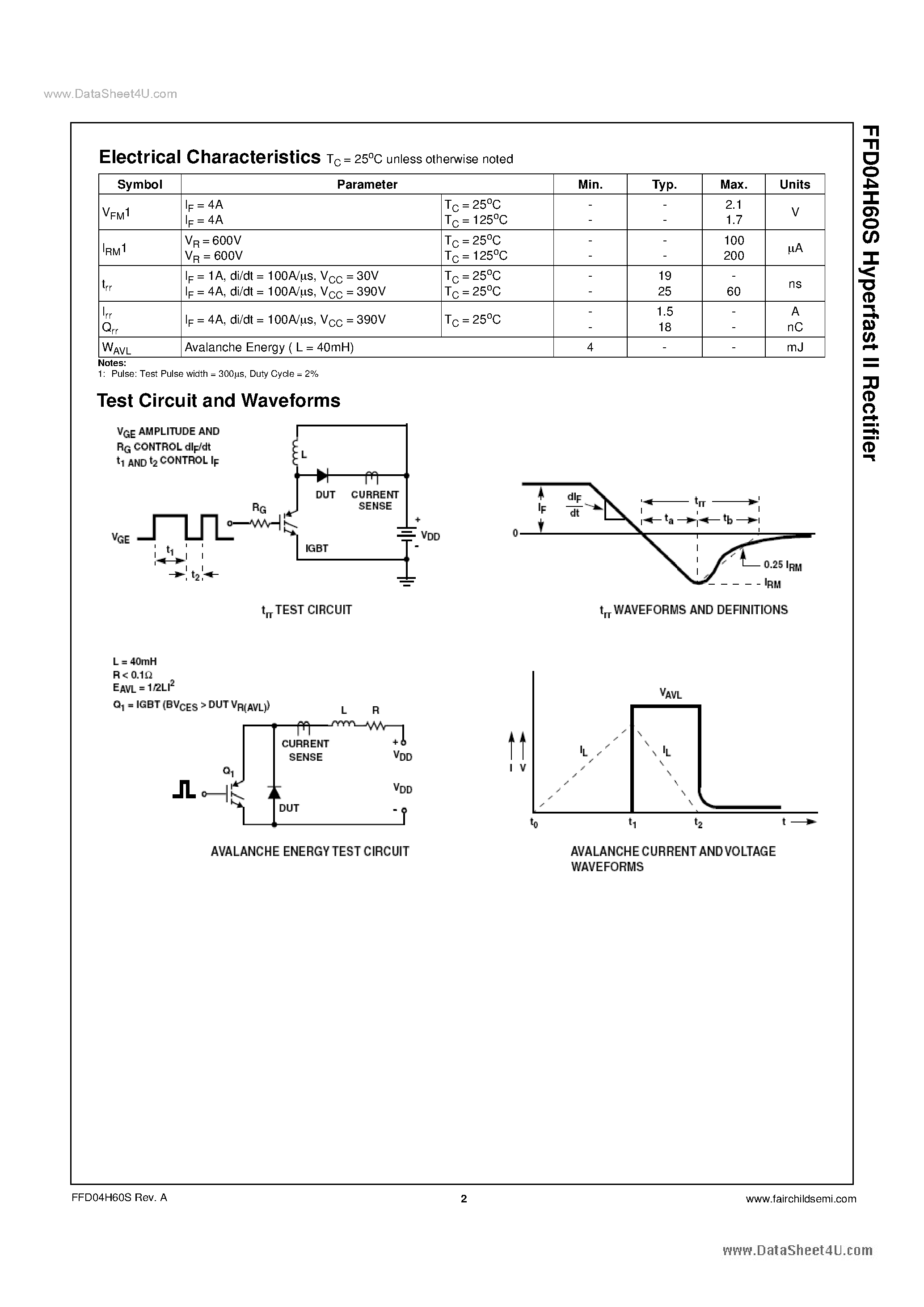 Datasheet FFD04H60S page 2 Datasheet FFD04H60S - Hyperfast II Rectifier page 2