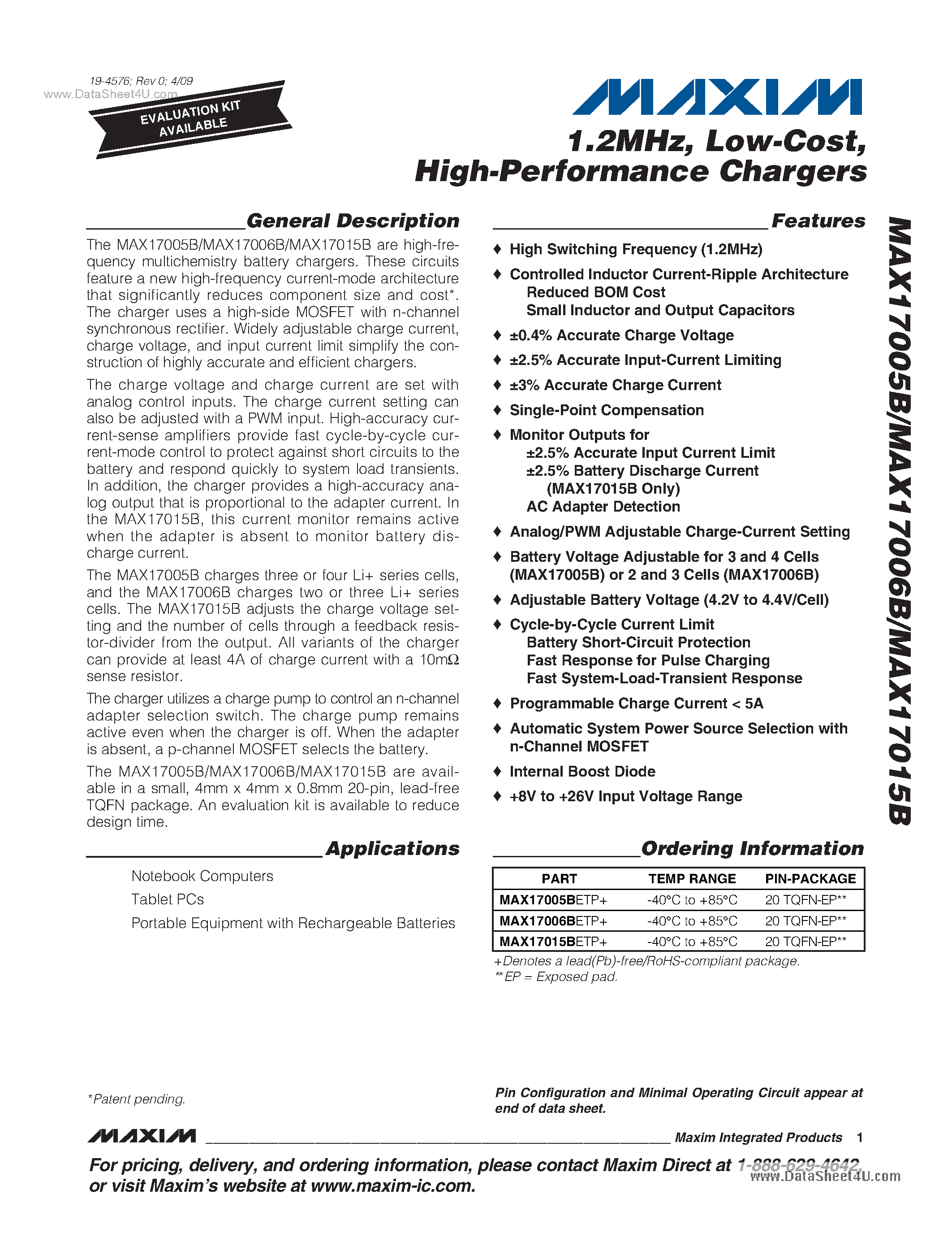 Datasheet MAX17005B - (MAX17005B - MAX17015B) Highest Switching-Frequency Notebook Battery Chargers page 1