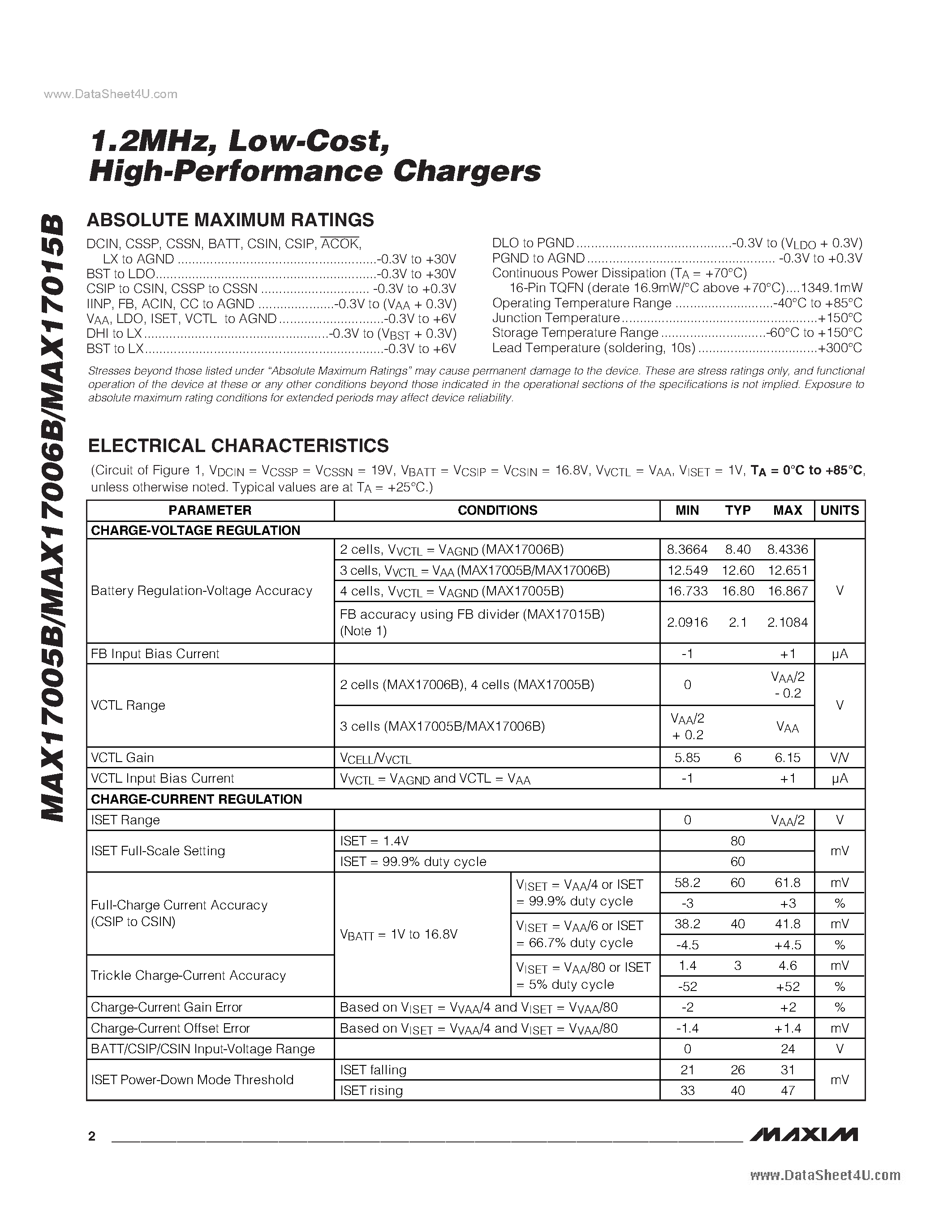 Datasheet MAX17005B - (MAX17005B - MAX17015B) Highest Switching-Frequency Notebook Battery Chargers page 2