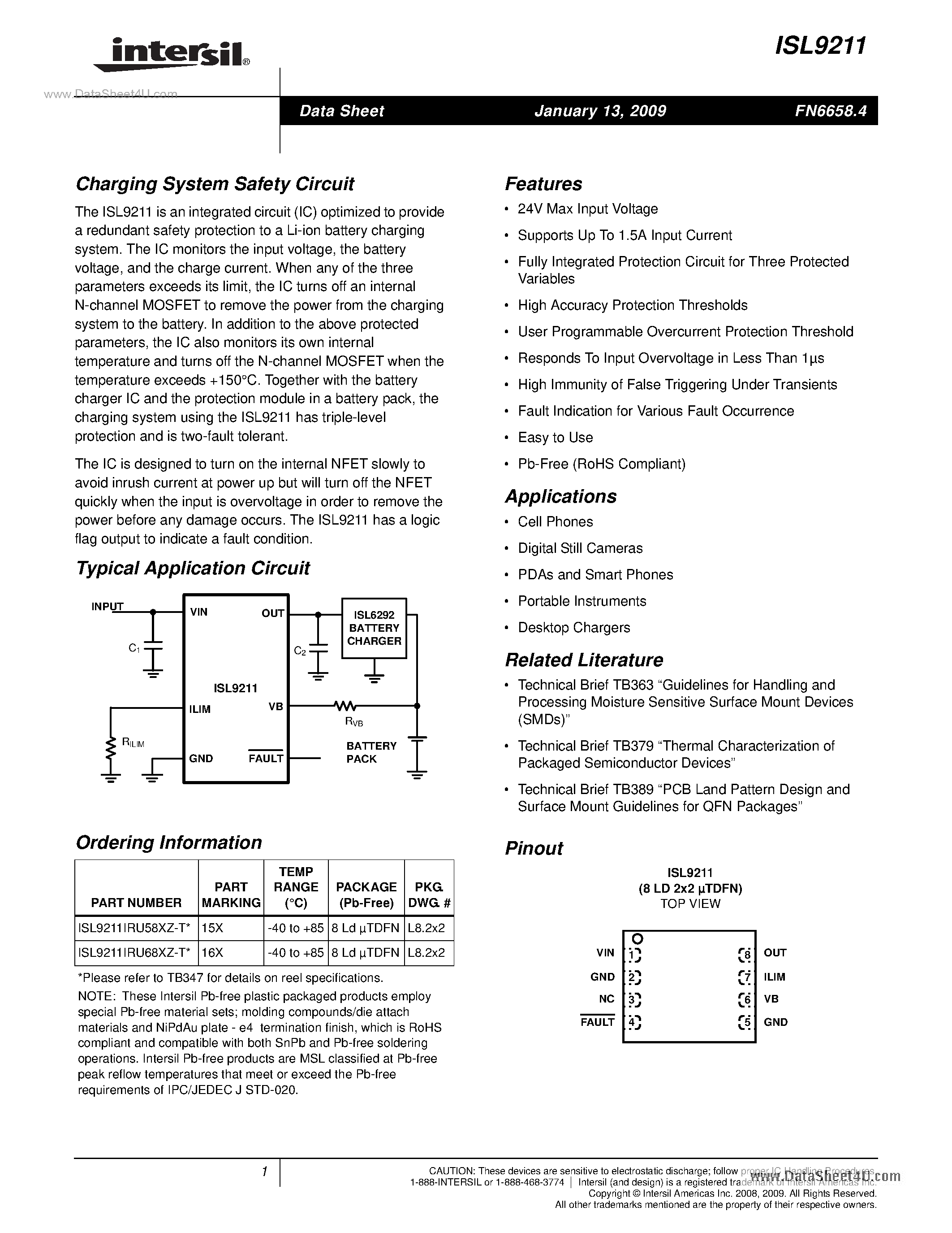 Datasheet ISL9211 page 1 Datasheet ISL9211 - Charging System Safety Circuit page 1