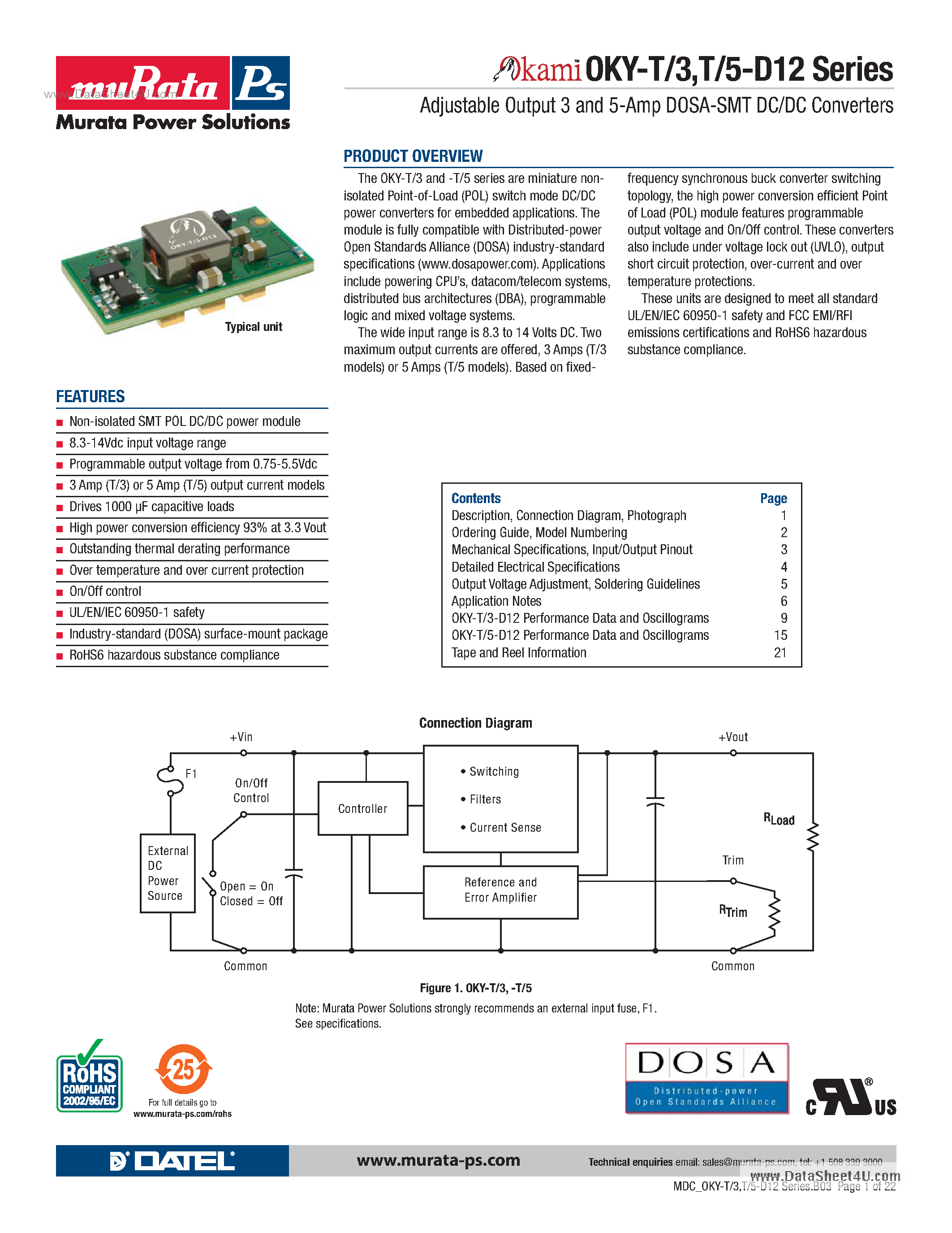 Даташит OKY-T/3-D12 - Adjustable Output 3 and 5-Amp DOSA-SMT DC/DC Converters страница 1