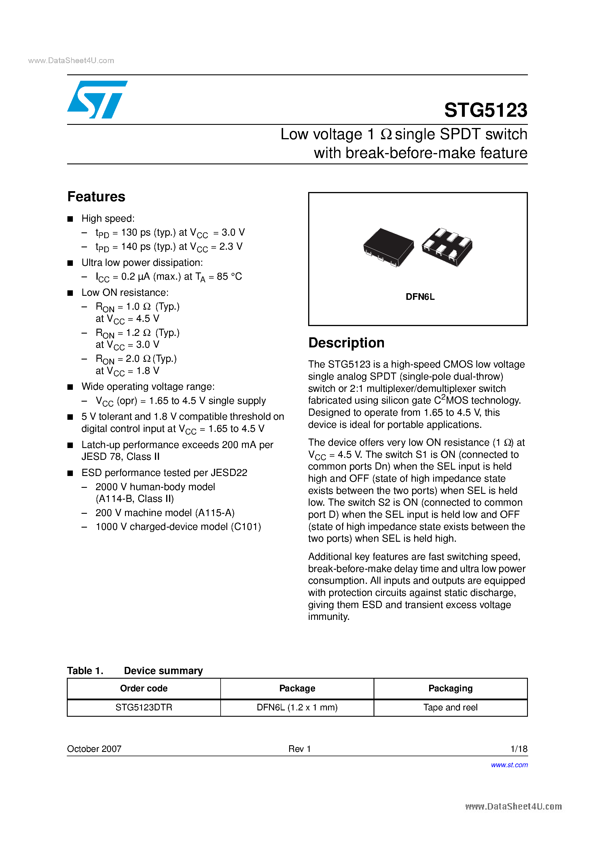 Datasheet STG5123 - Low voltage 1 Ohm single SPDT switch page 1