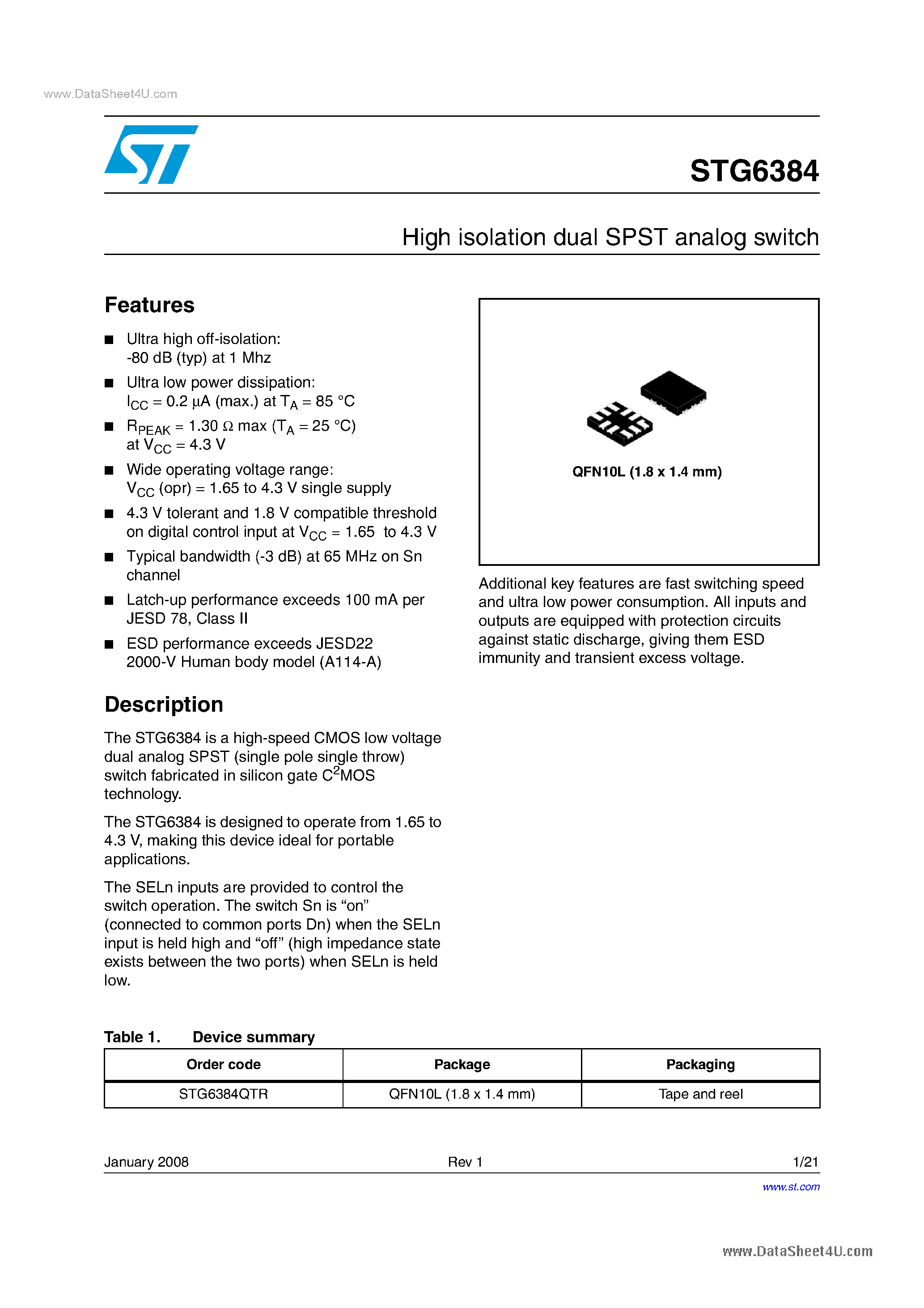 Datasheet STG6384 - High isolation dual SPST analog switch page 1