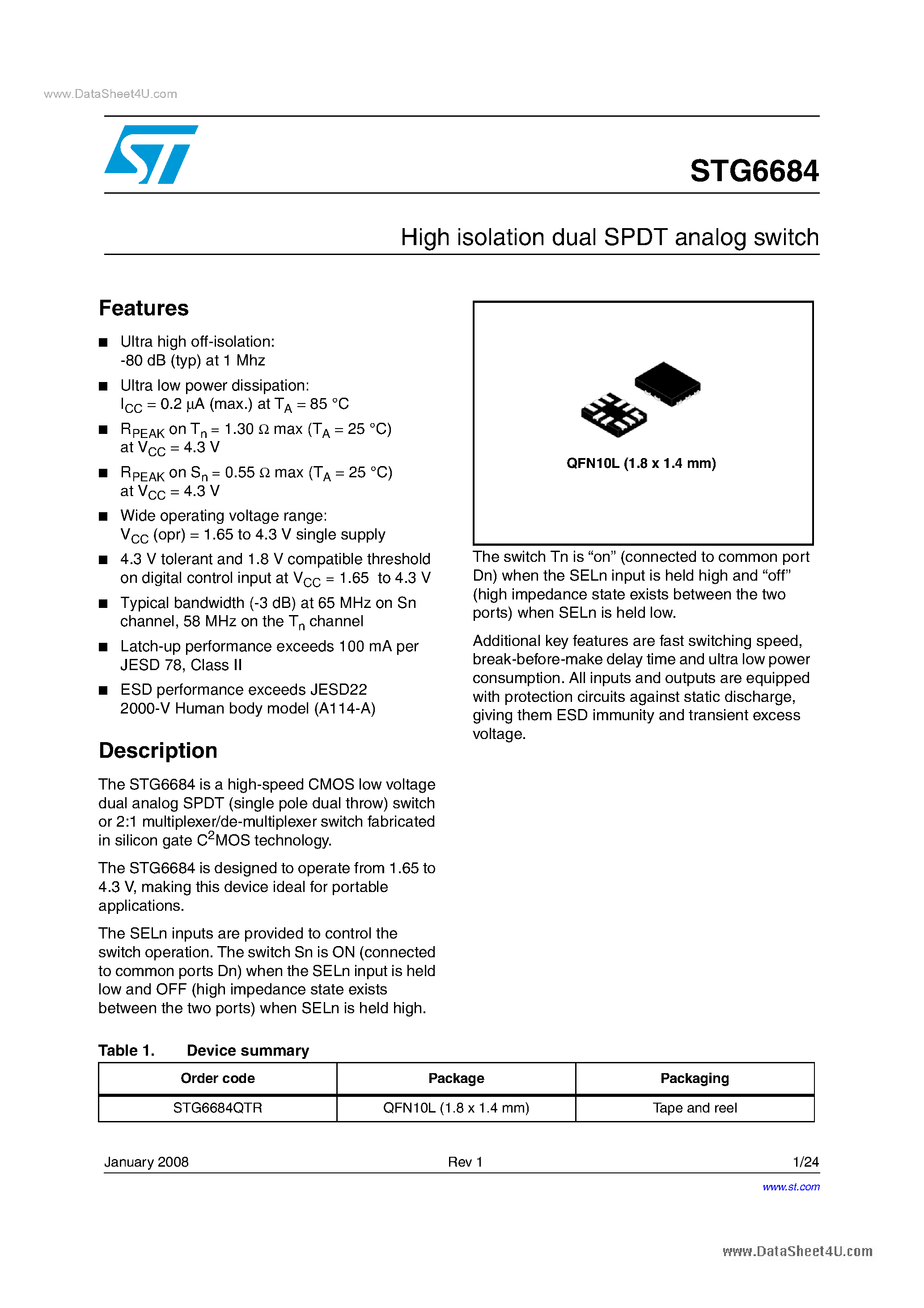 Datasheet STG6684 page 1 Datasheet STG6684 - High isolation dual SPST analog switch page 1