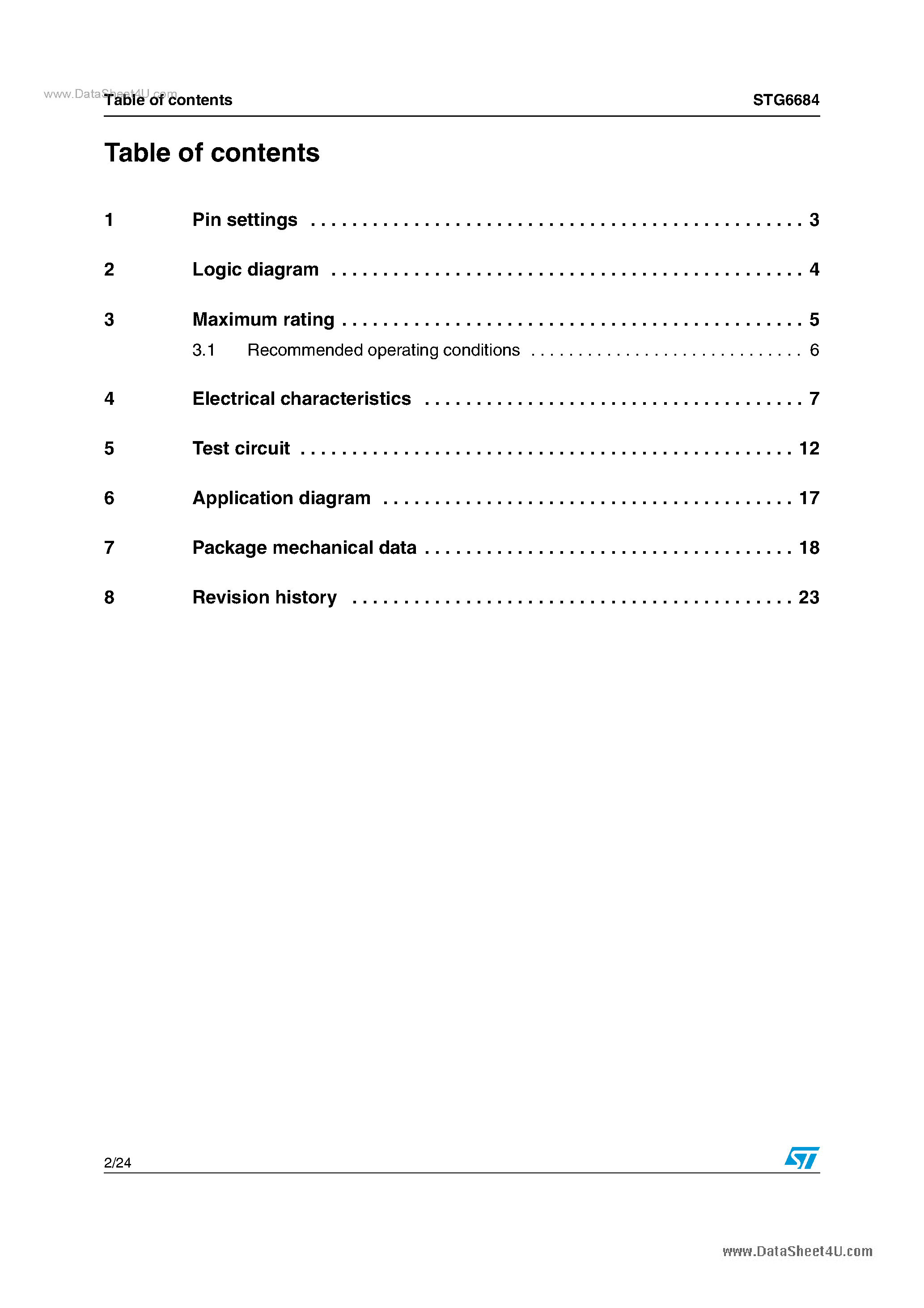 Datasheet STG6684 page 2 Datasheet STG6684 - High isolation dual SPST analog switch page 2