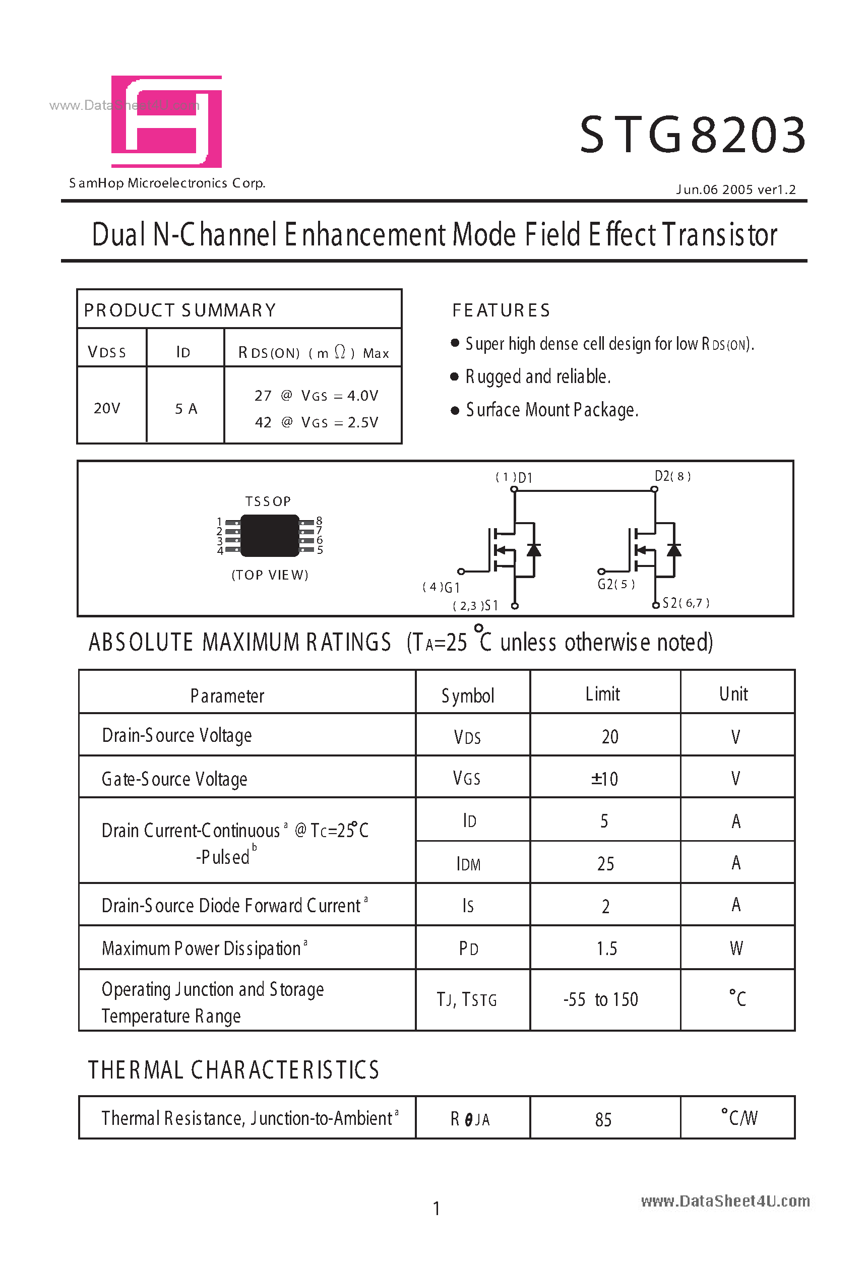 Datasheet STG8203 page 1 Datasheet STG8203 - Dual N-Channel Enhancement Mode Field Effect Transistor page 1