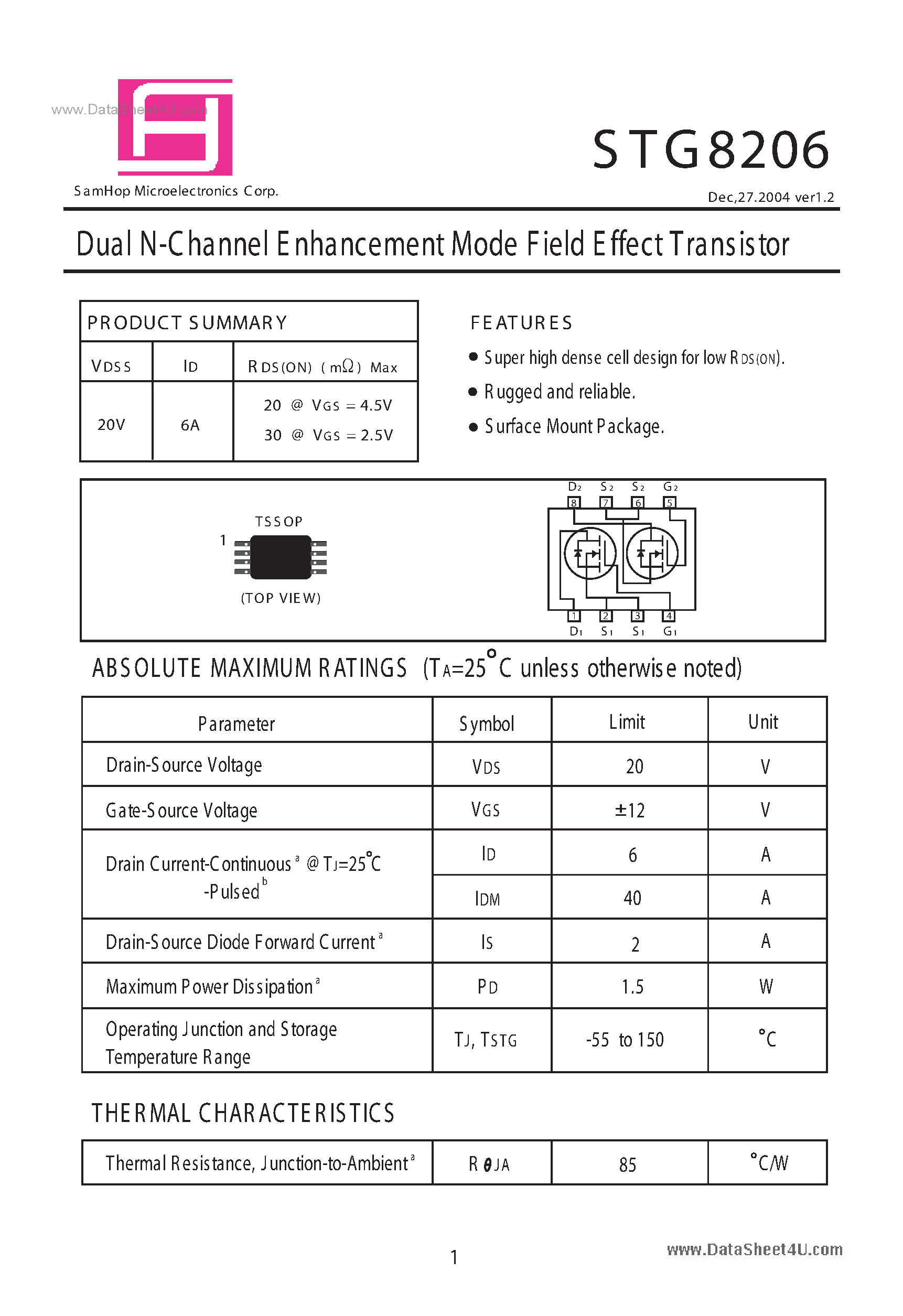 Datasheet STG8206 page 1 Datasheet STG8206 - Dual N-Channel Enhancement Mode Field Effect Transistor page 1