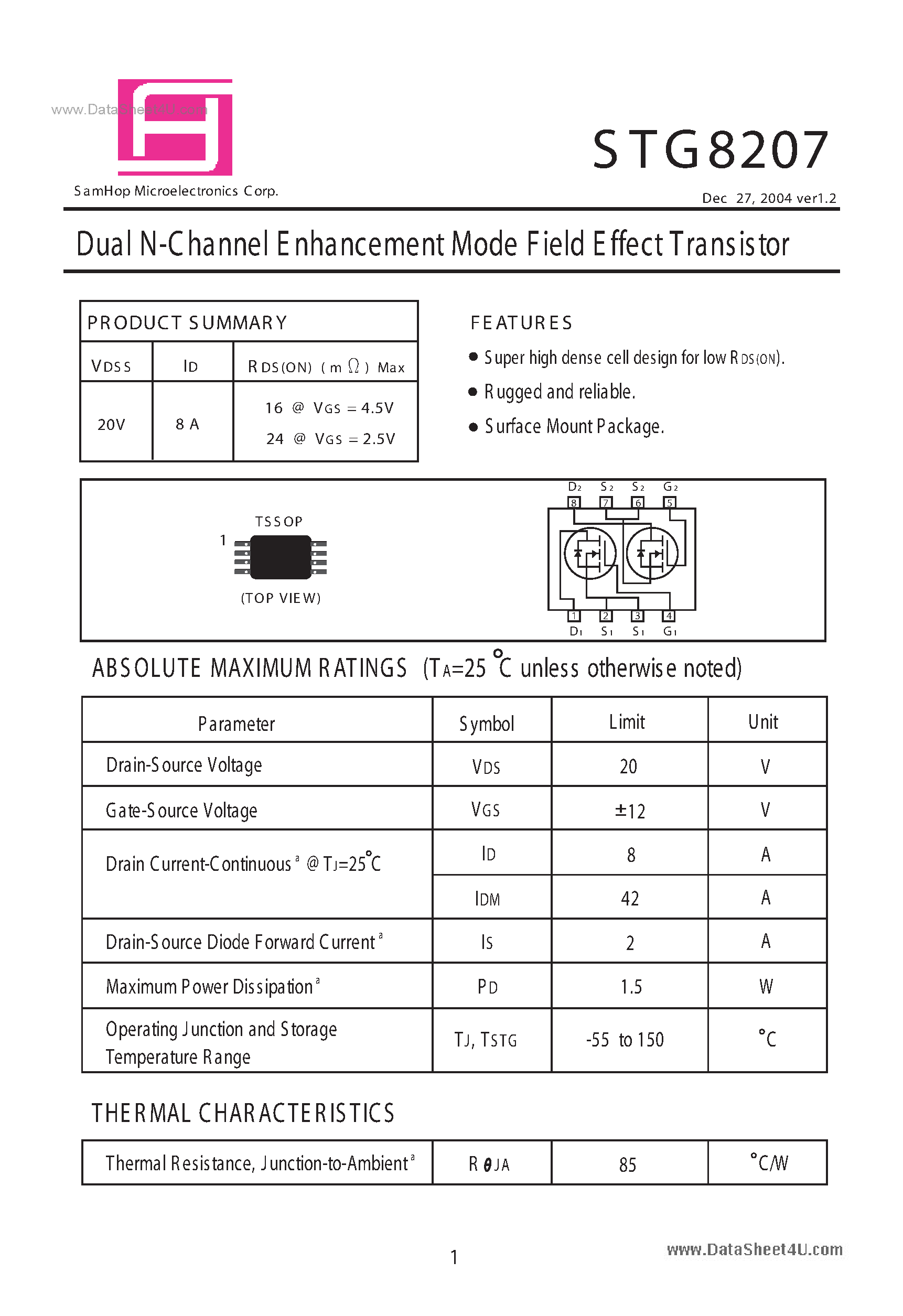Datasheet STG8207 page 1 Datasheet STG8207 - Dual N-Channel Enhancement Mode Field Effect Transistor page 1