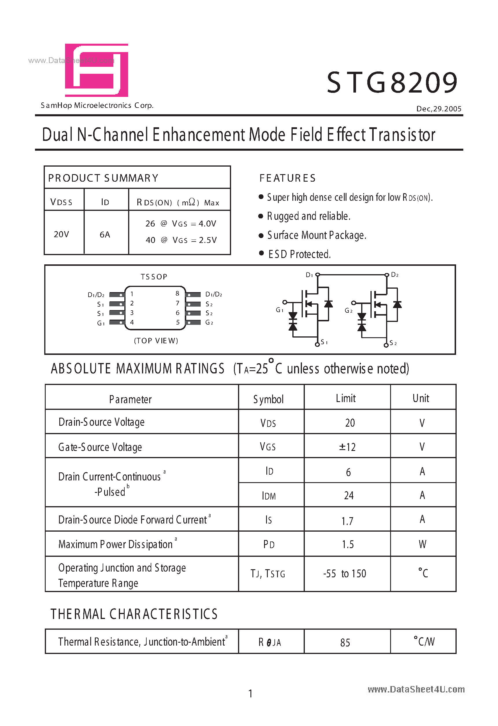 Datasheet STG8209 page 1 Datasheet STG8209 - Dual N-Channel Enhancement Mode Field Effect Transistor page 1
