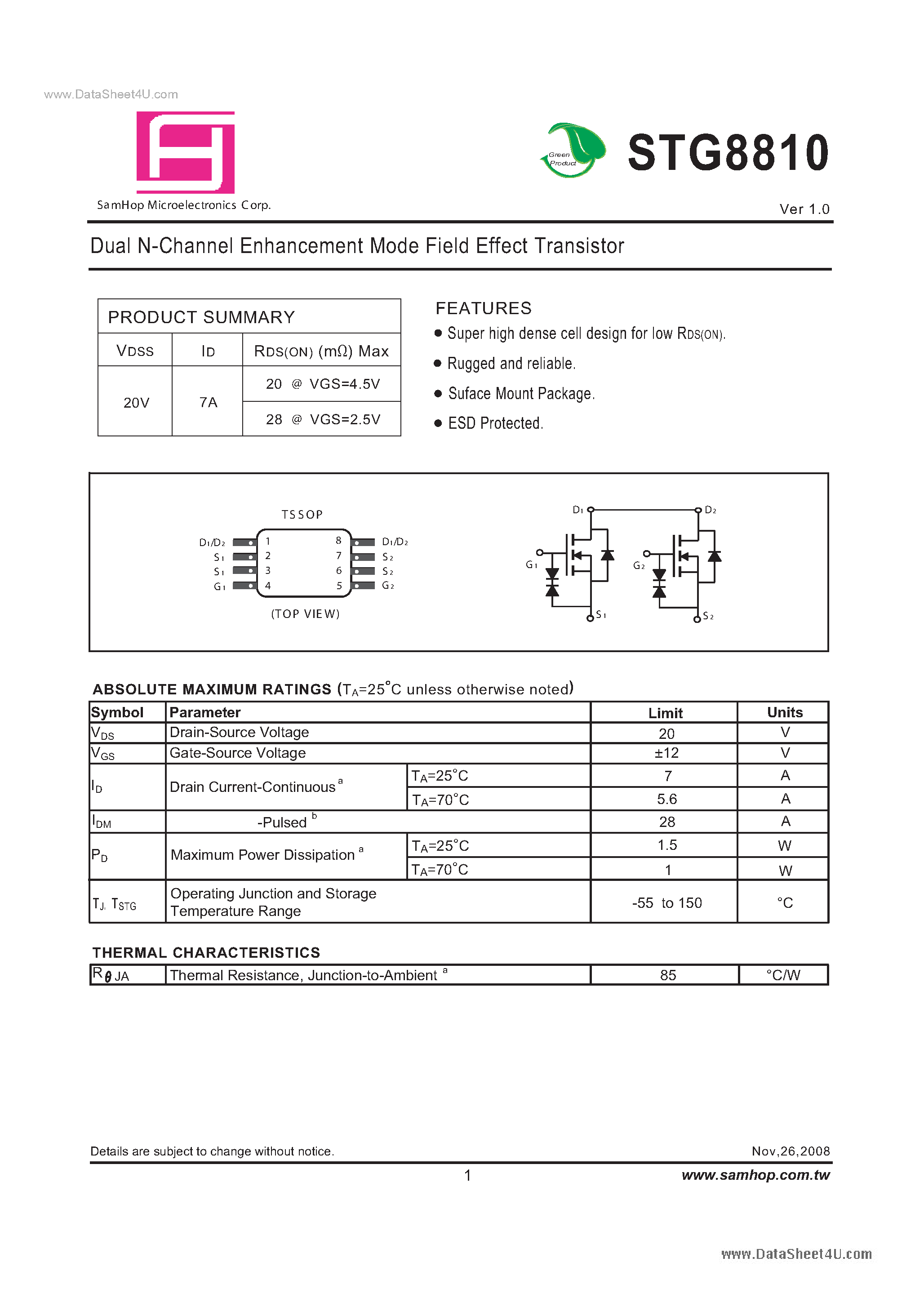 Datasheet STG8810 page 1 Datasheet STG8810 - Dual N-Channel Enhancement Mode Field Effect Transistor page 1