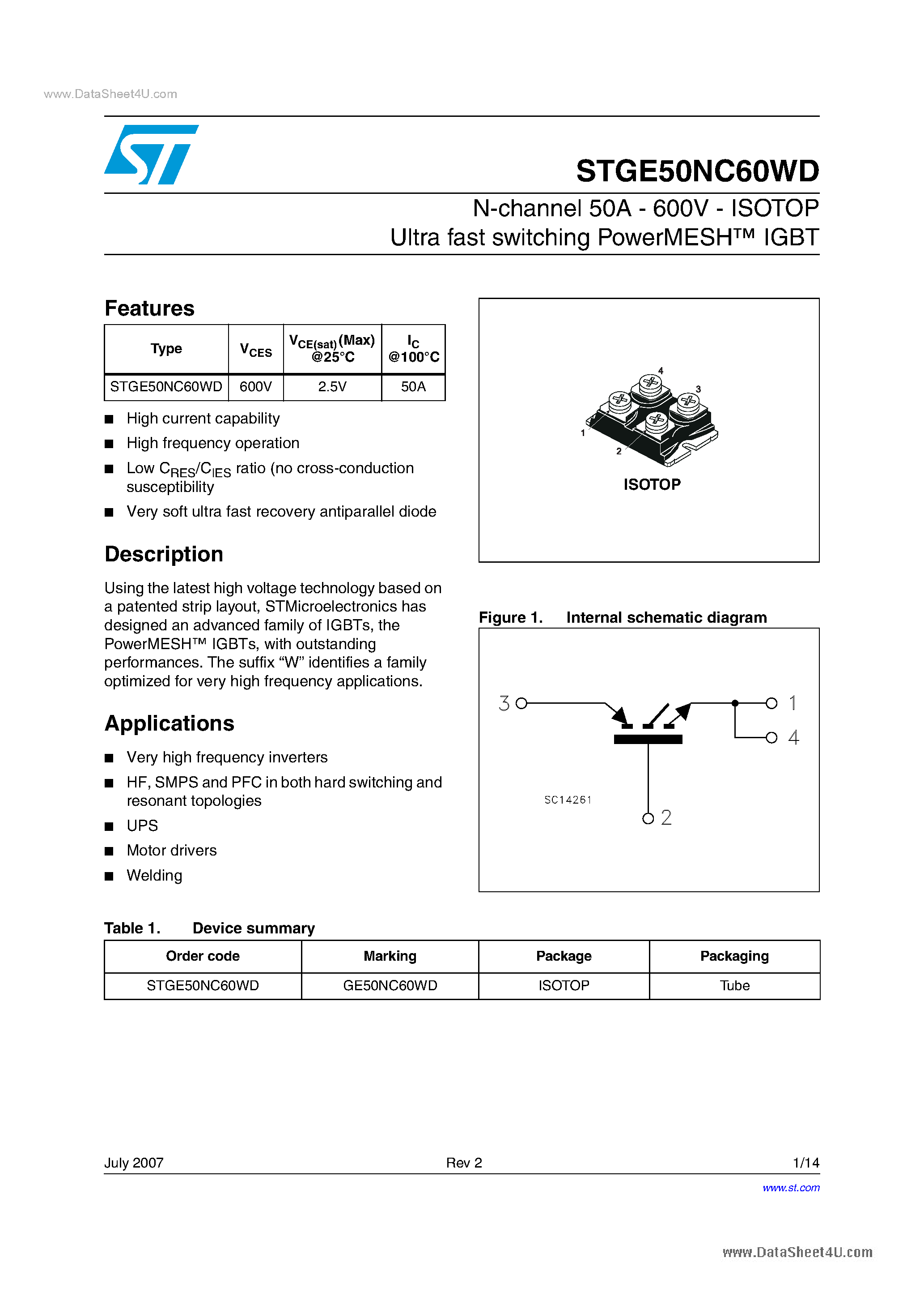 Datasheet STGE50NC60WD page 1 Datasheet STGE50NC60WD - N-channel 50A - 600V - ISOTOP Ultra fast switching PowerMESHTM IGBT page 1