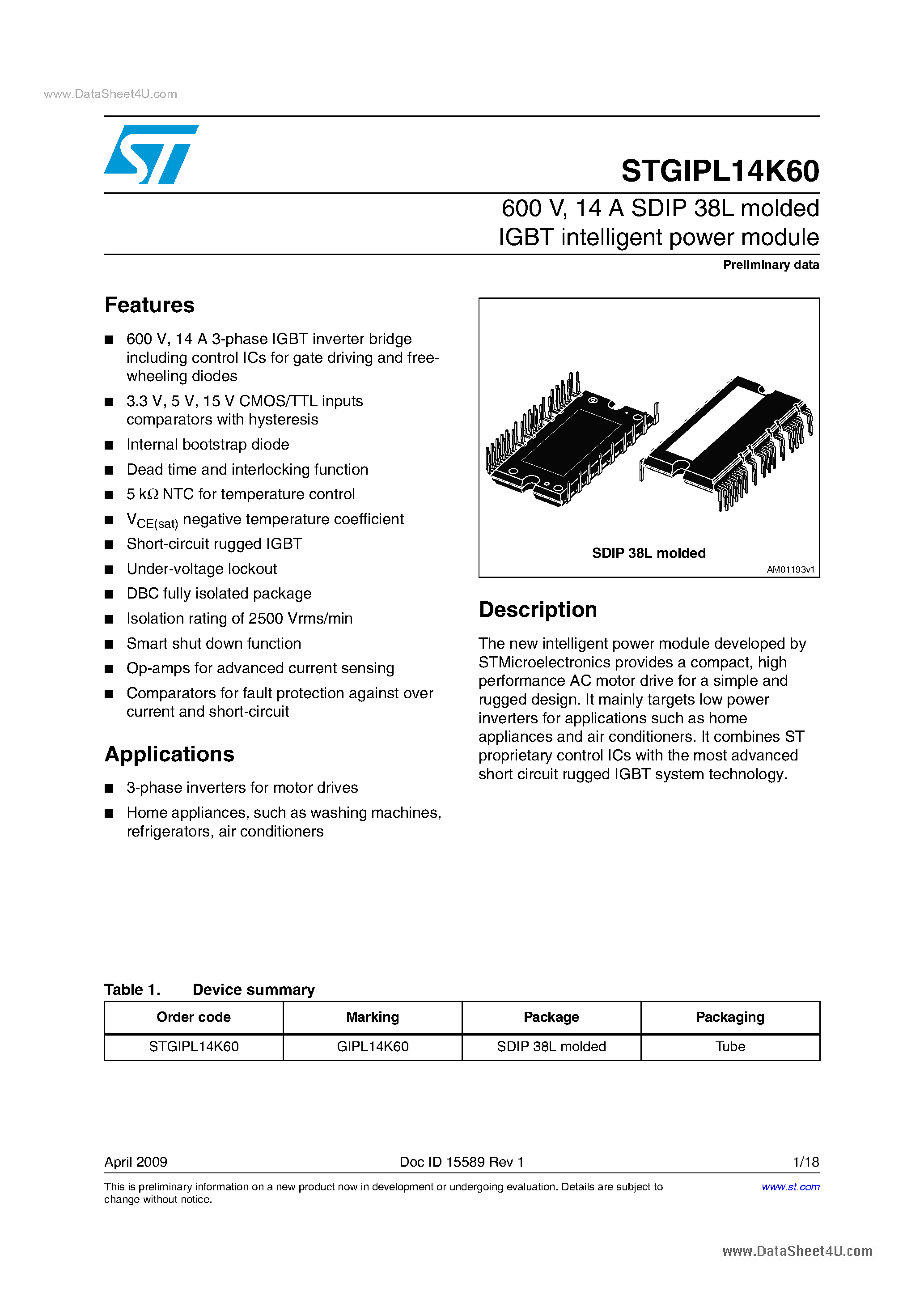 Datasheet STGIPL14K60 page 1 Datasheet STGIPL14K60 - Switch Power Modules page 1