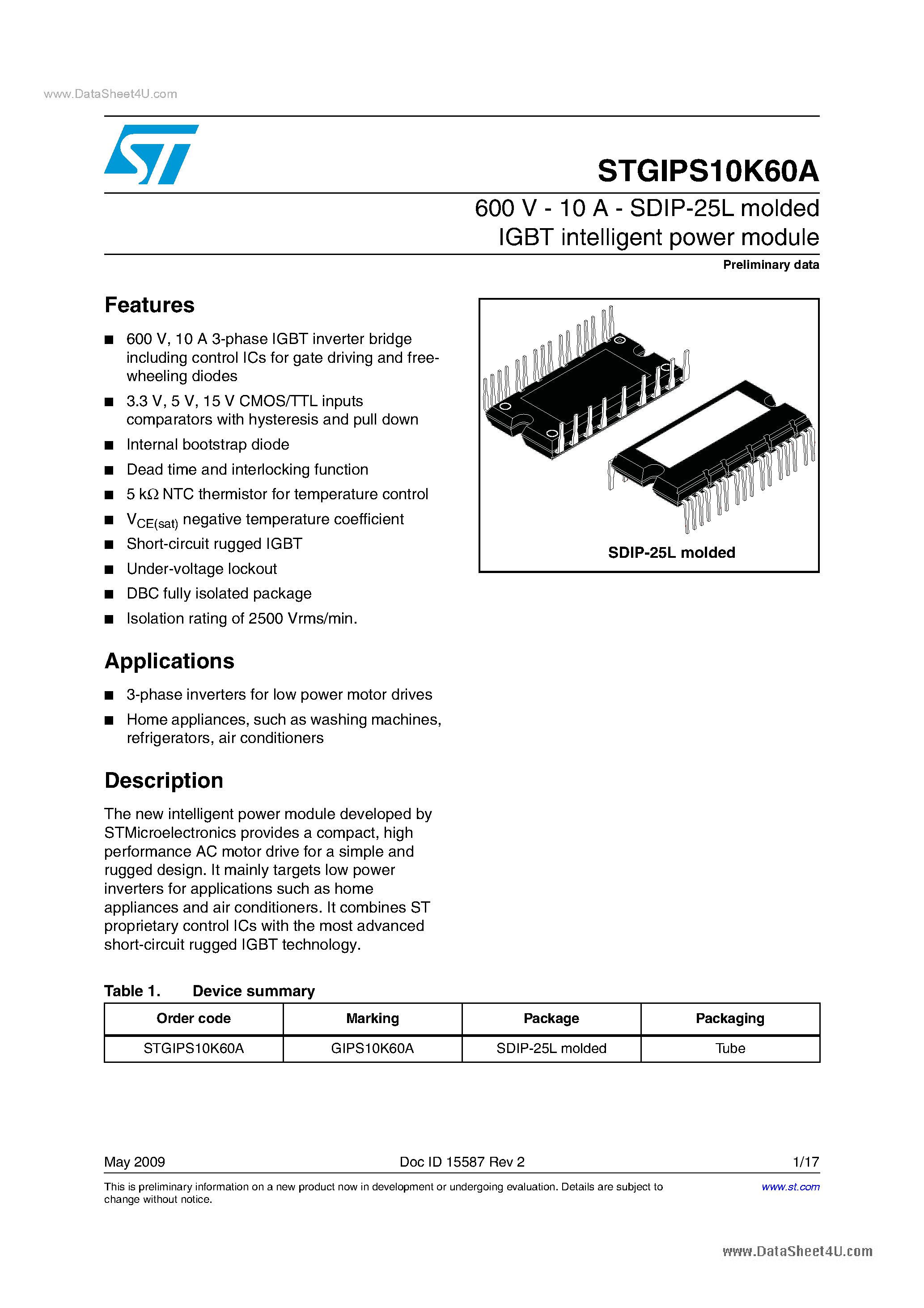Datasheet STGIPS10K60A page 1 Datasheet STGIPS10K60A - Switch Power Modules page 1