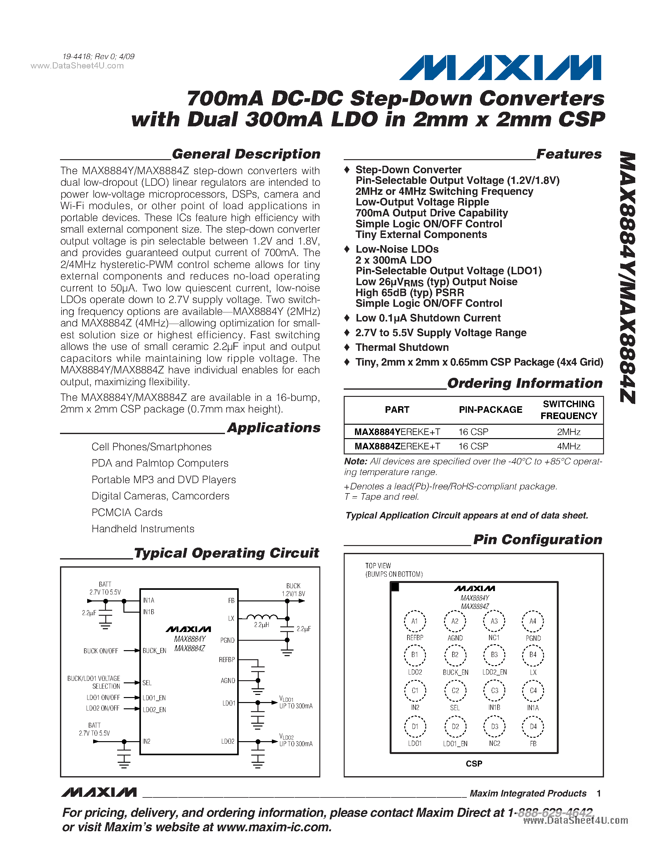 Datasheet MAX8884Y - 700mA DC-DC Step-Down Converters page 1