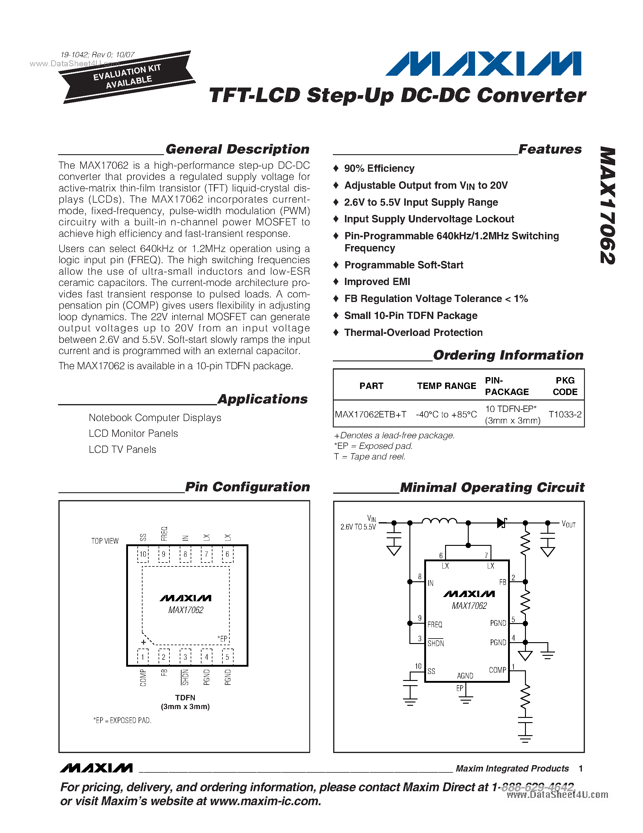 Даташит на микросхему MAX17062 страница 1 Даташит MAX17062 - TFT-LCD Step-Up DC-DC Converter страница 1