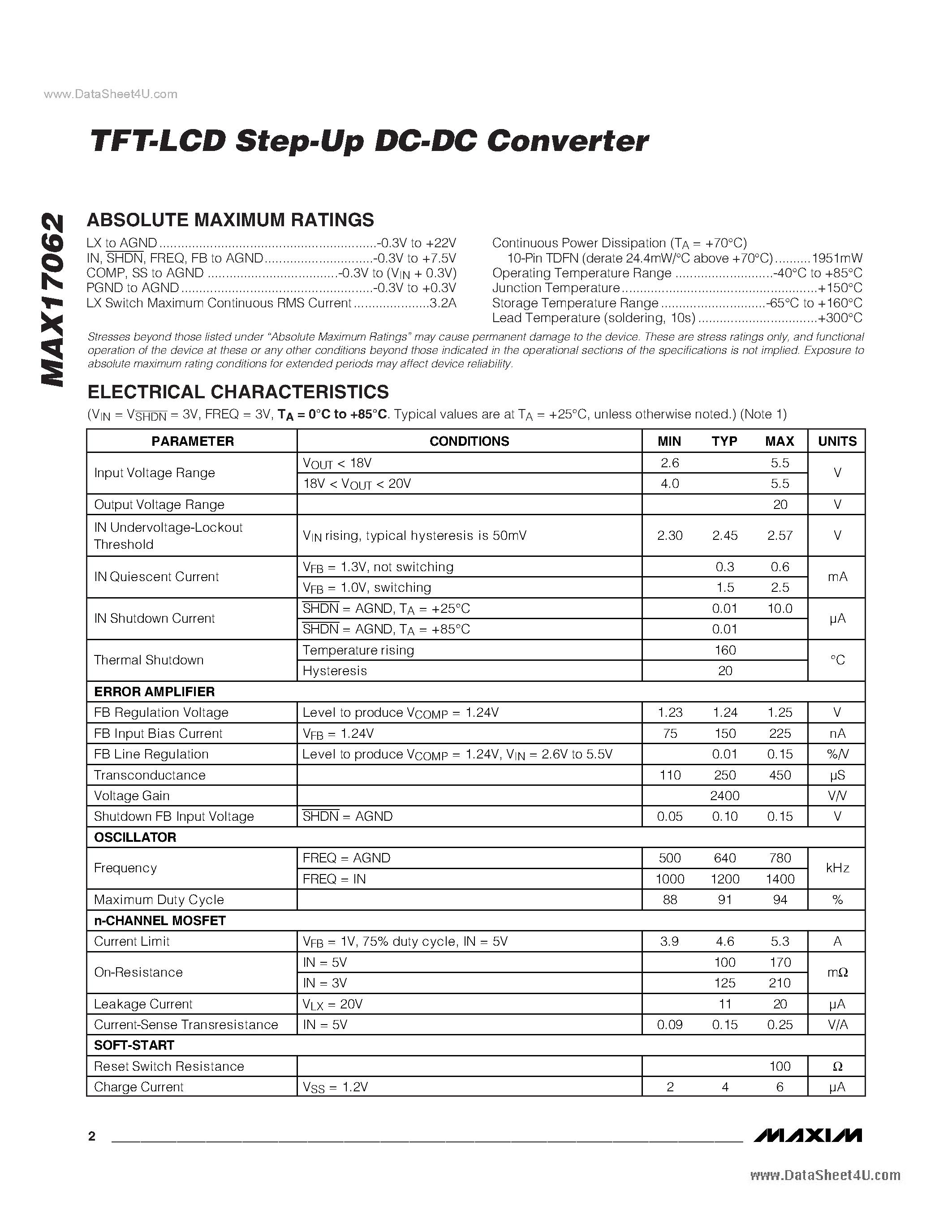 Даташит на микросхему MAX17062 страница 2 Даташит MAX17062 - TFT-LCD Step-Up DC-DC Converter страница 2