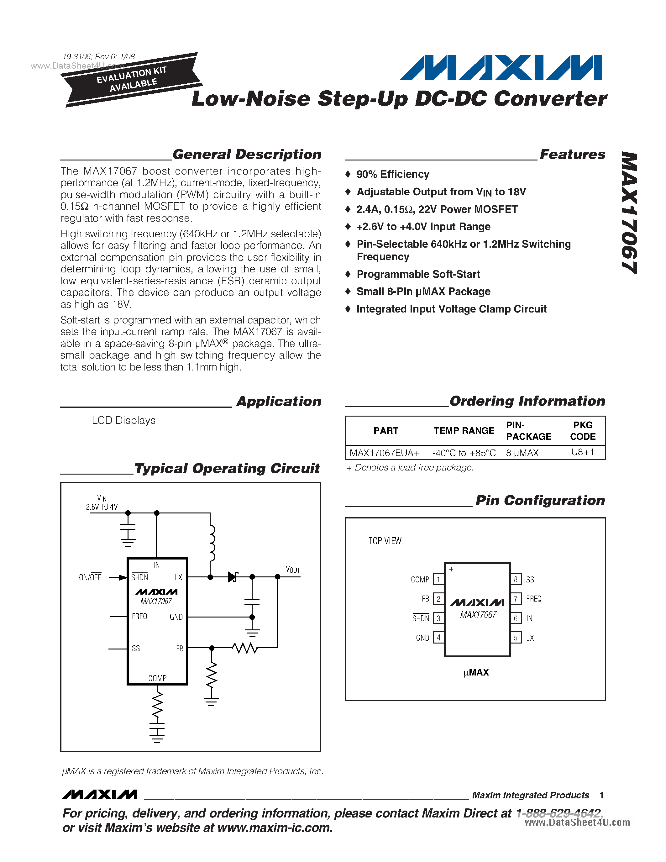 Datasheet MAX17067 page 1 Datasheet MAX17067 - Low-Noise Step-Up DC-DC Converter page 1