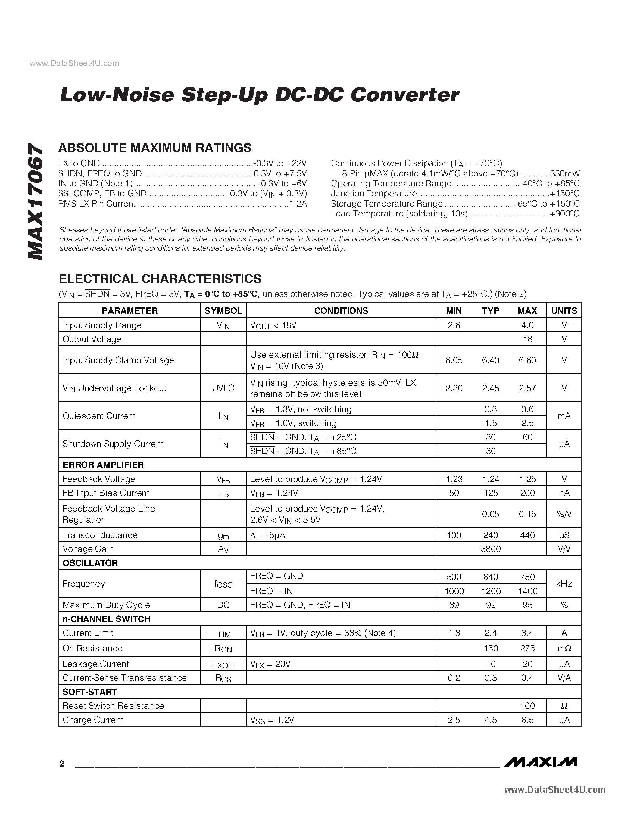 Datasheet MAX17067 page 2 Datasheet MAX17067 - Low-Noise Step-Up DC-DC Converter page 2