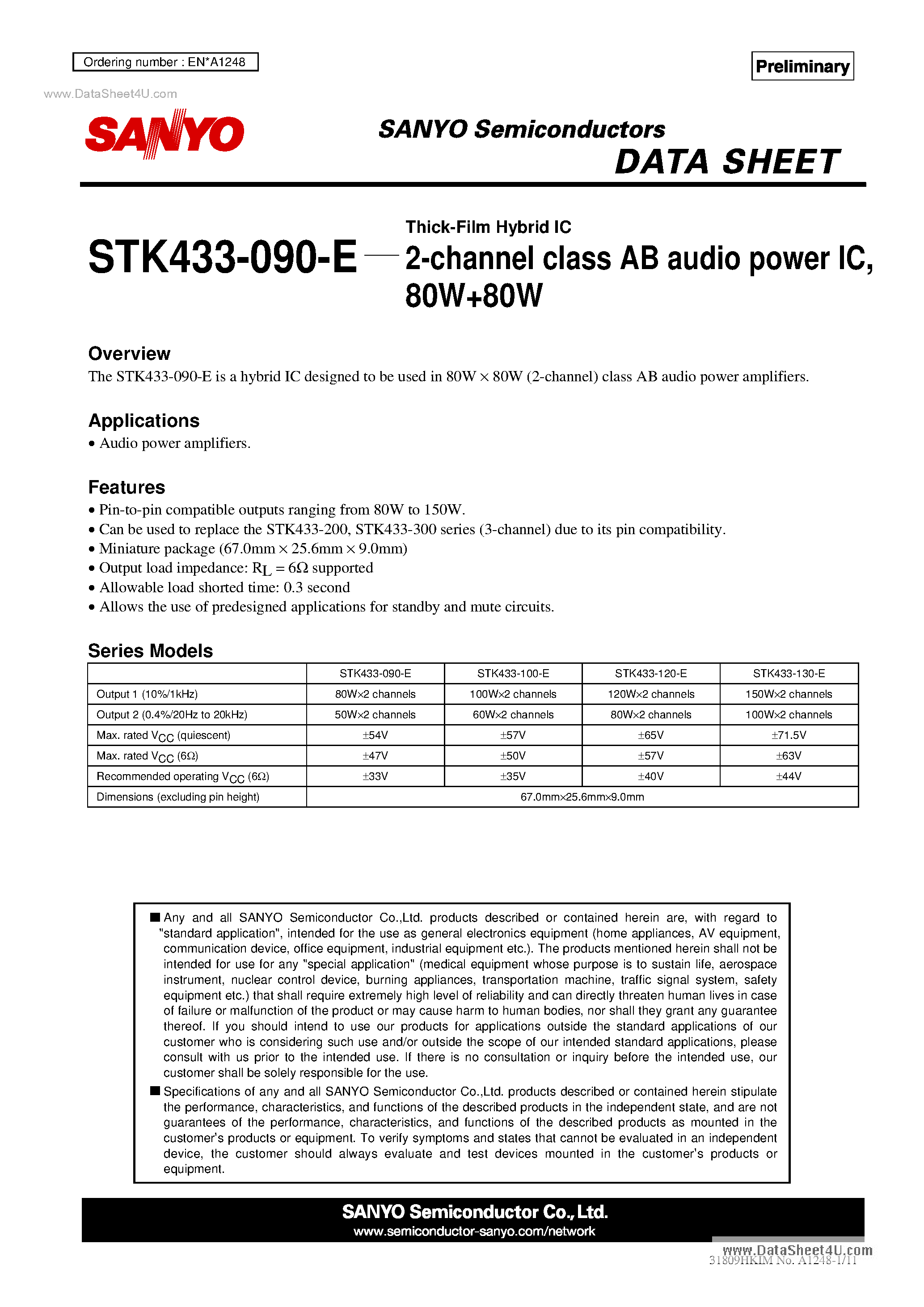 Даташит STK433-090-E - 2-Channel Class AB Audio Power IC страница 1
