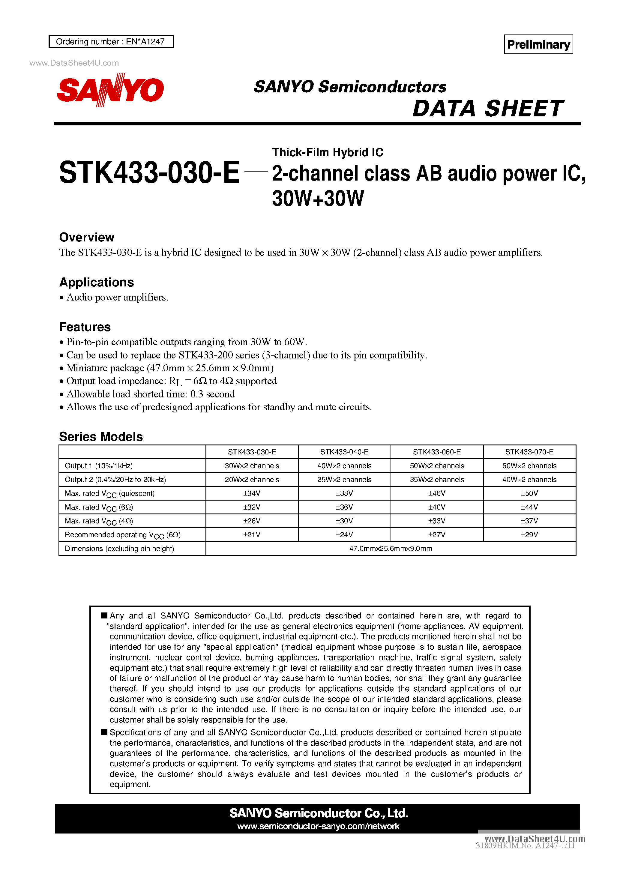 Даташит STK433-030-E - 2-Channel Class AB Audio Power IC страница 1