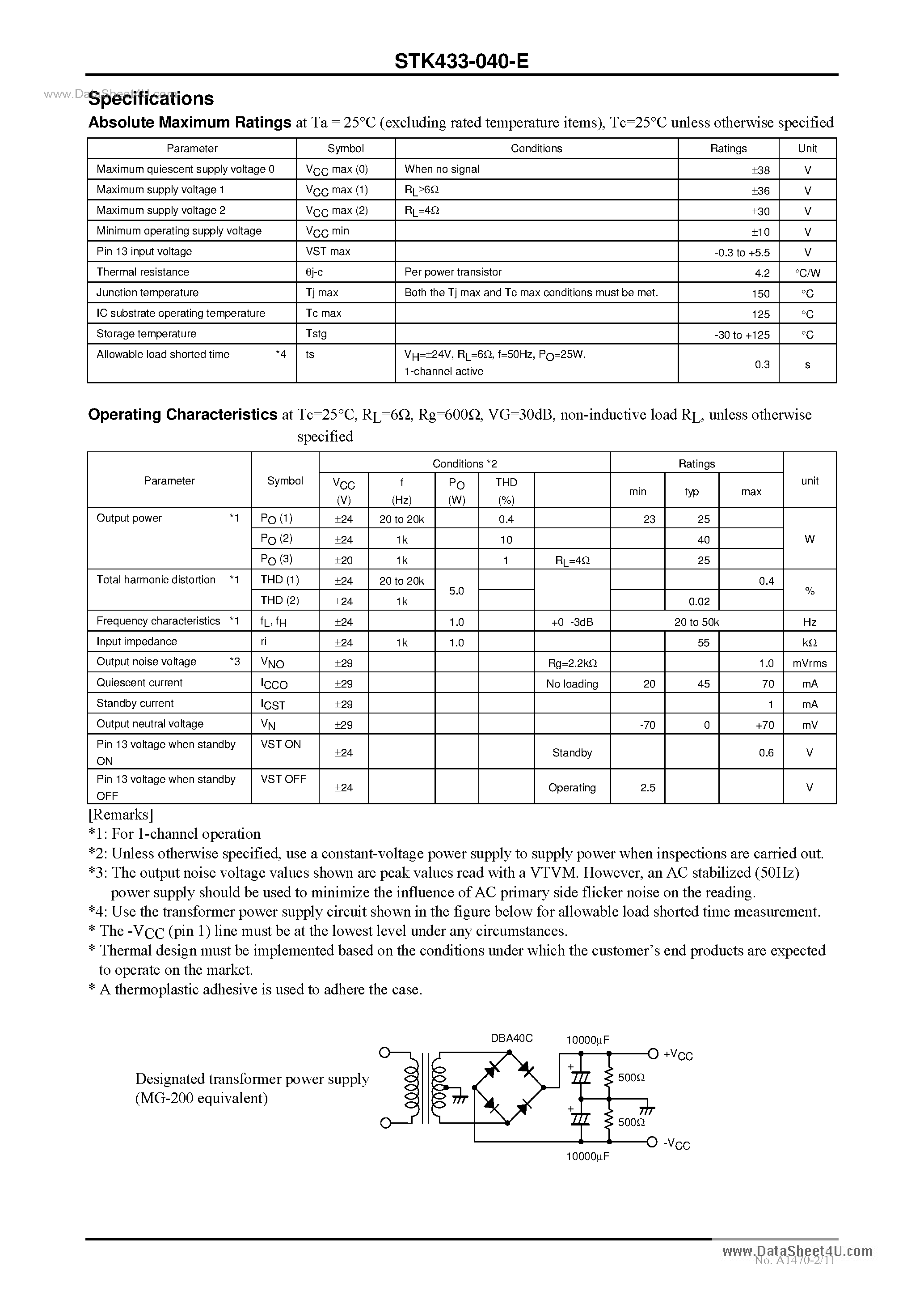 Datasheet STK433-040-E - 2-Channel Class AB Audio Power IC page 2