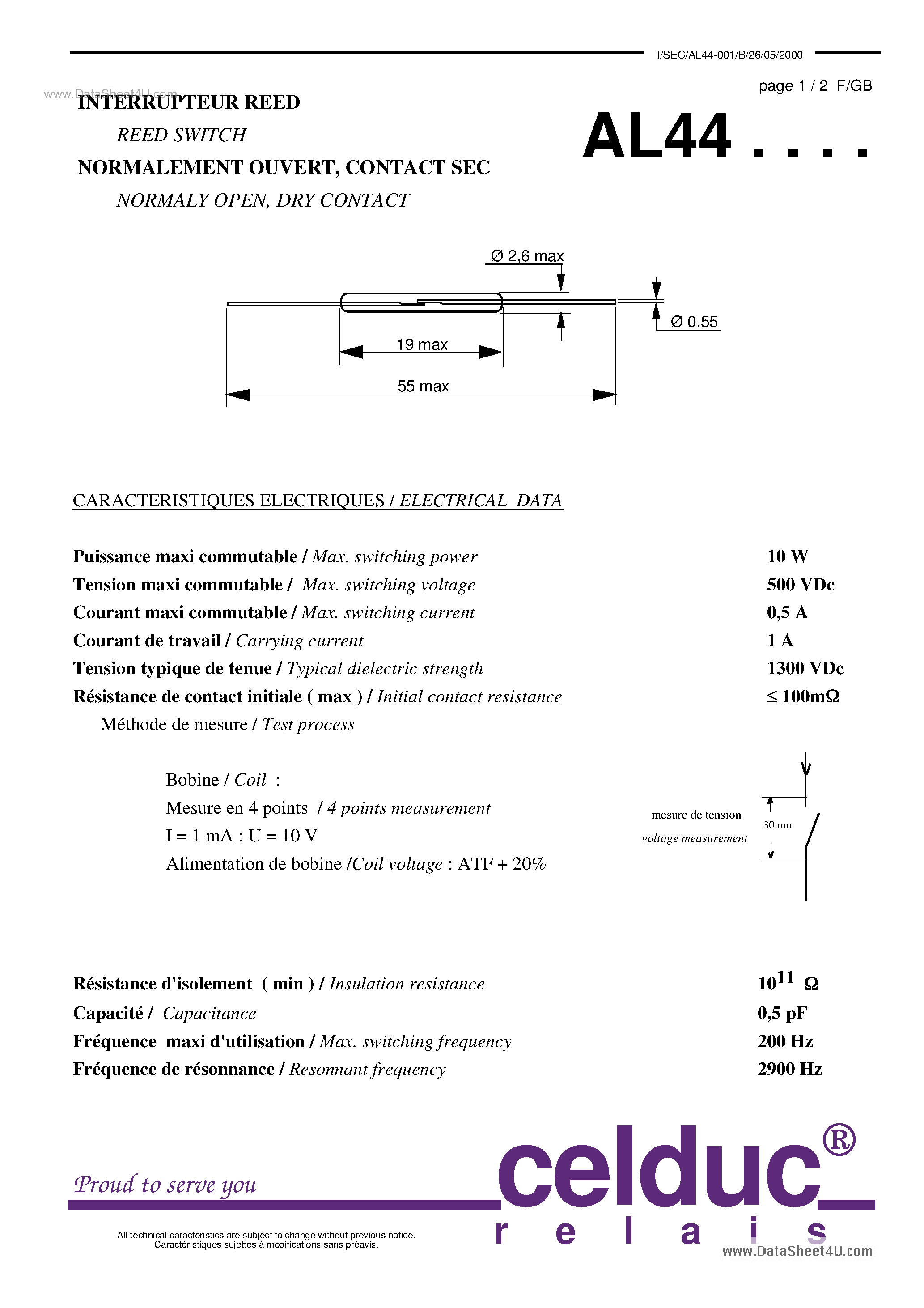 Даташит AL44 - REED SWITCH NORMALY OPEN страница 1