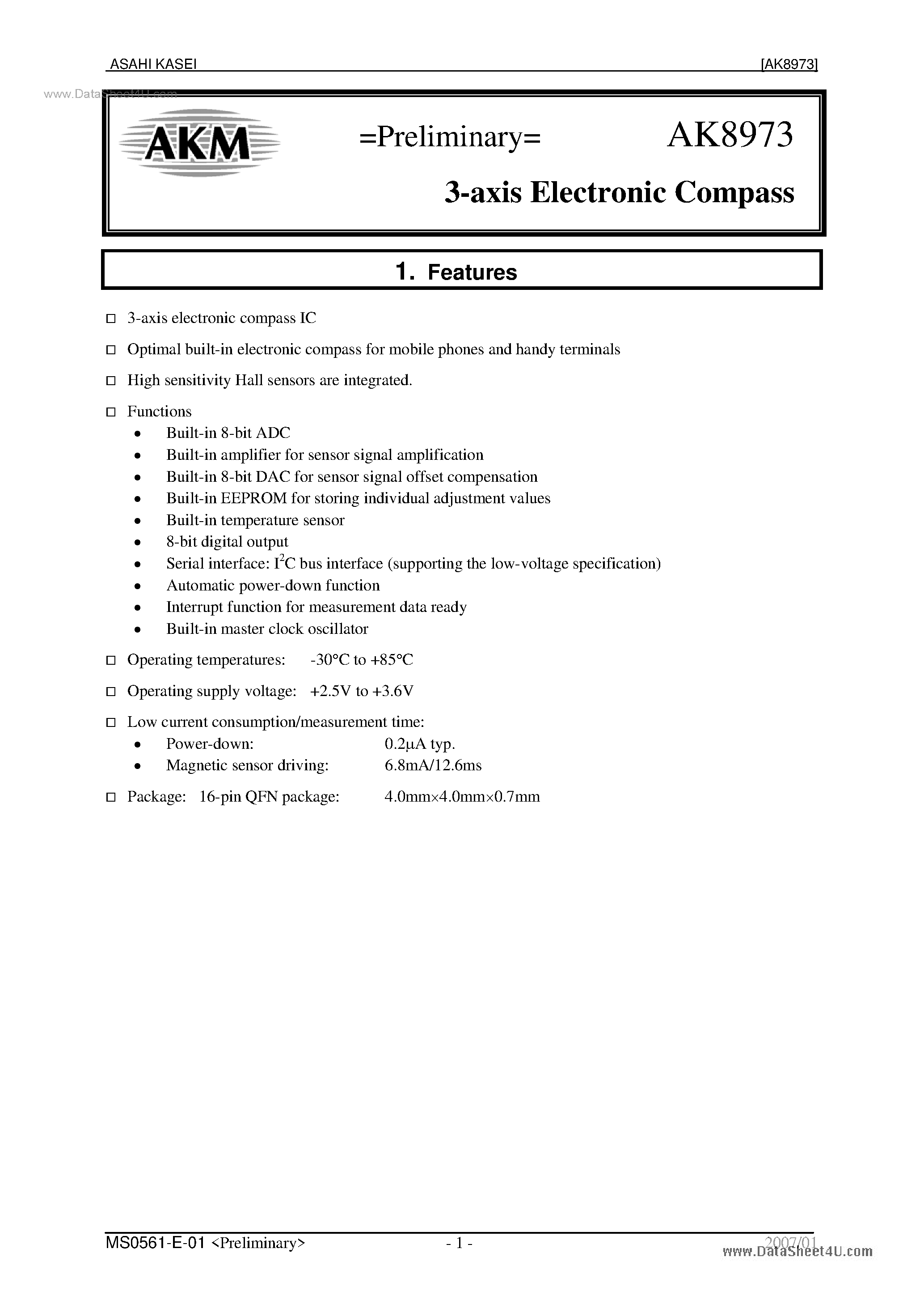Datasheet AK8973 page 1 Datasheet AK8973 - 3-axis Electronic Compass page 1