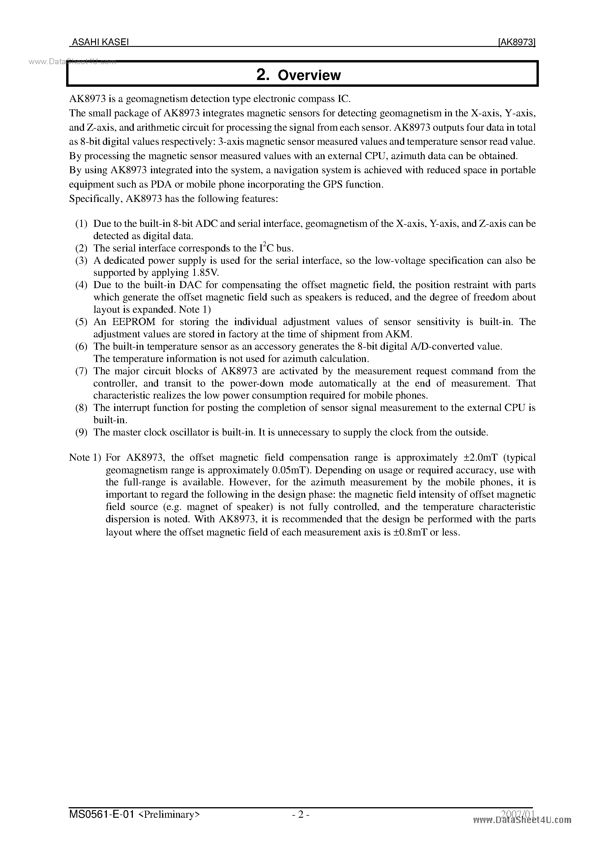 Datasheet AK8973 page 2 Datasheet AK8973 - 3-axis Electronic Compass page 2