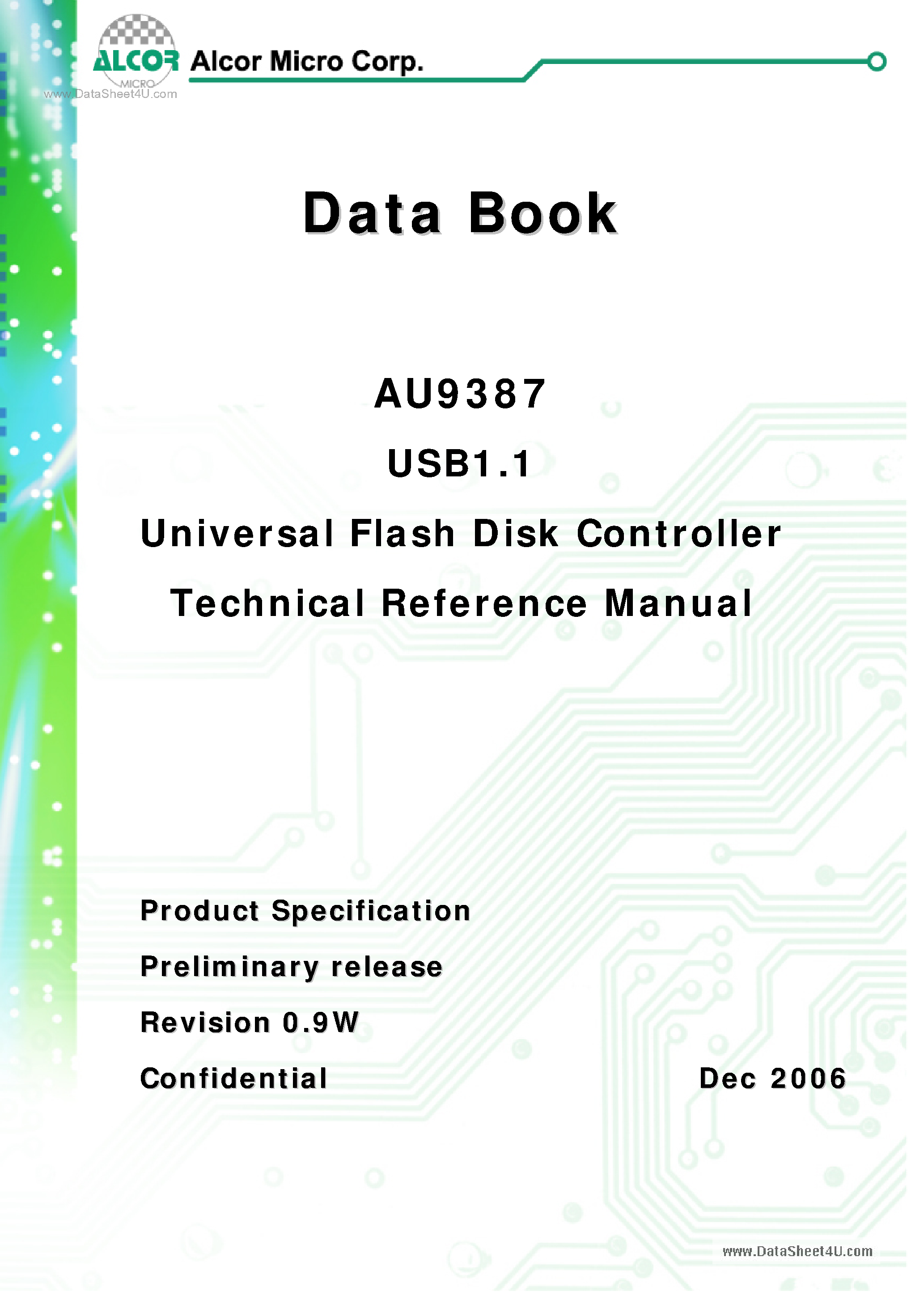Даташит на микросхему AU9387 страница 1 Даташит AU9387 - USB1.1 Universal Flash Disk Controller Technical Reference Manual страница 1