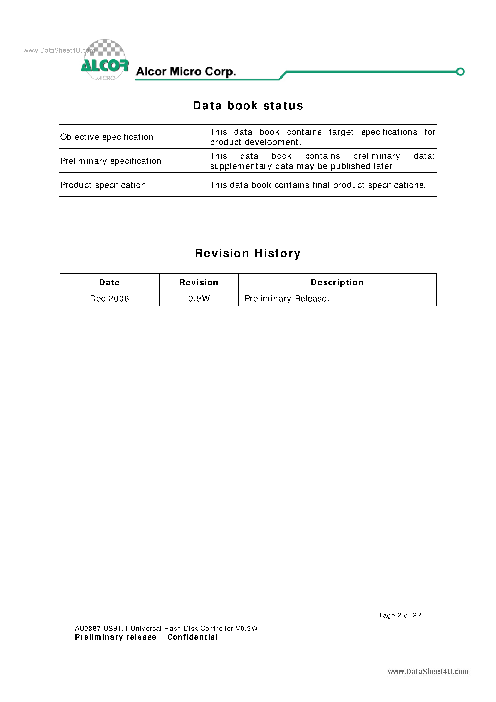 Даташит на микросхему AU9387 страница 2 Даташит AU9387 - USB1.1 Universal Flash Disk Controller Technical Reference Manual страница 2