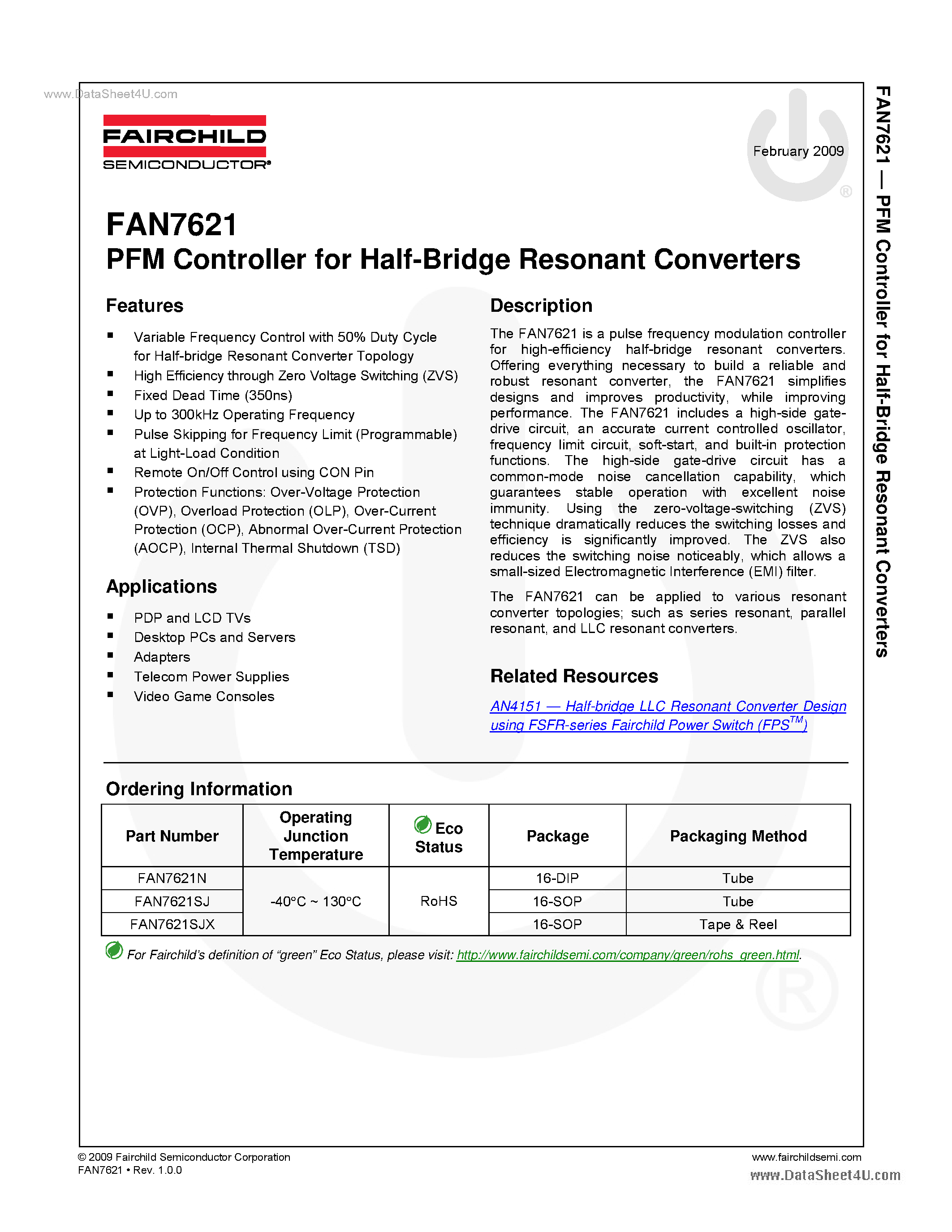 Datasheet FAN7621 - PFM Controller page 1