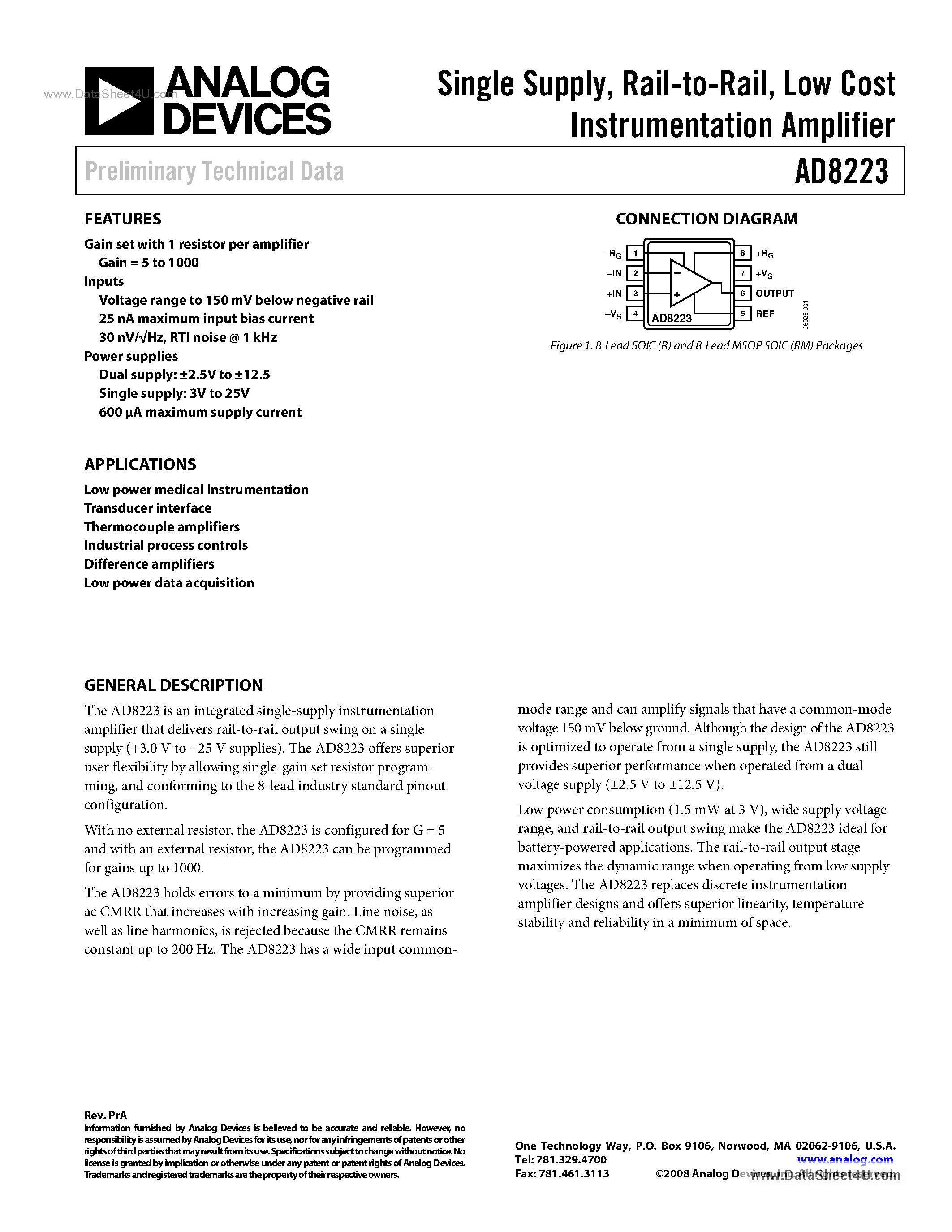 Даташит AD8223 - Low Cost Instrumentation Amplifier страница 1