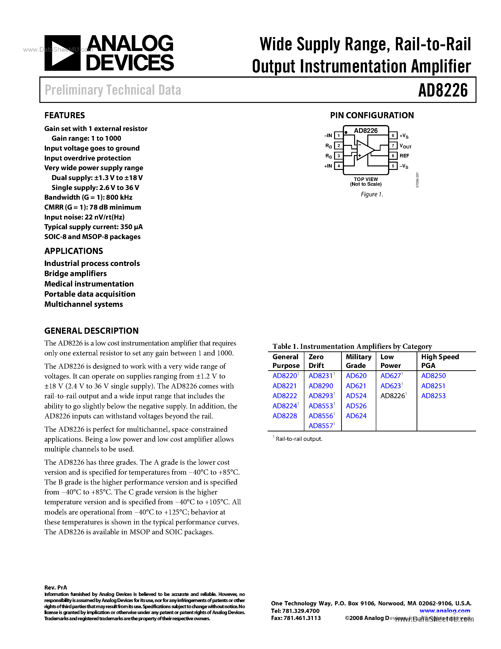 Datasheet AD8226 page 1 Datasheet AD8226 - Rail-to-Rail Output Instrumentation Amplifier page 1