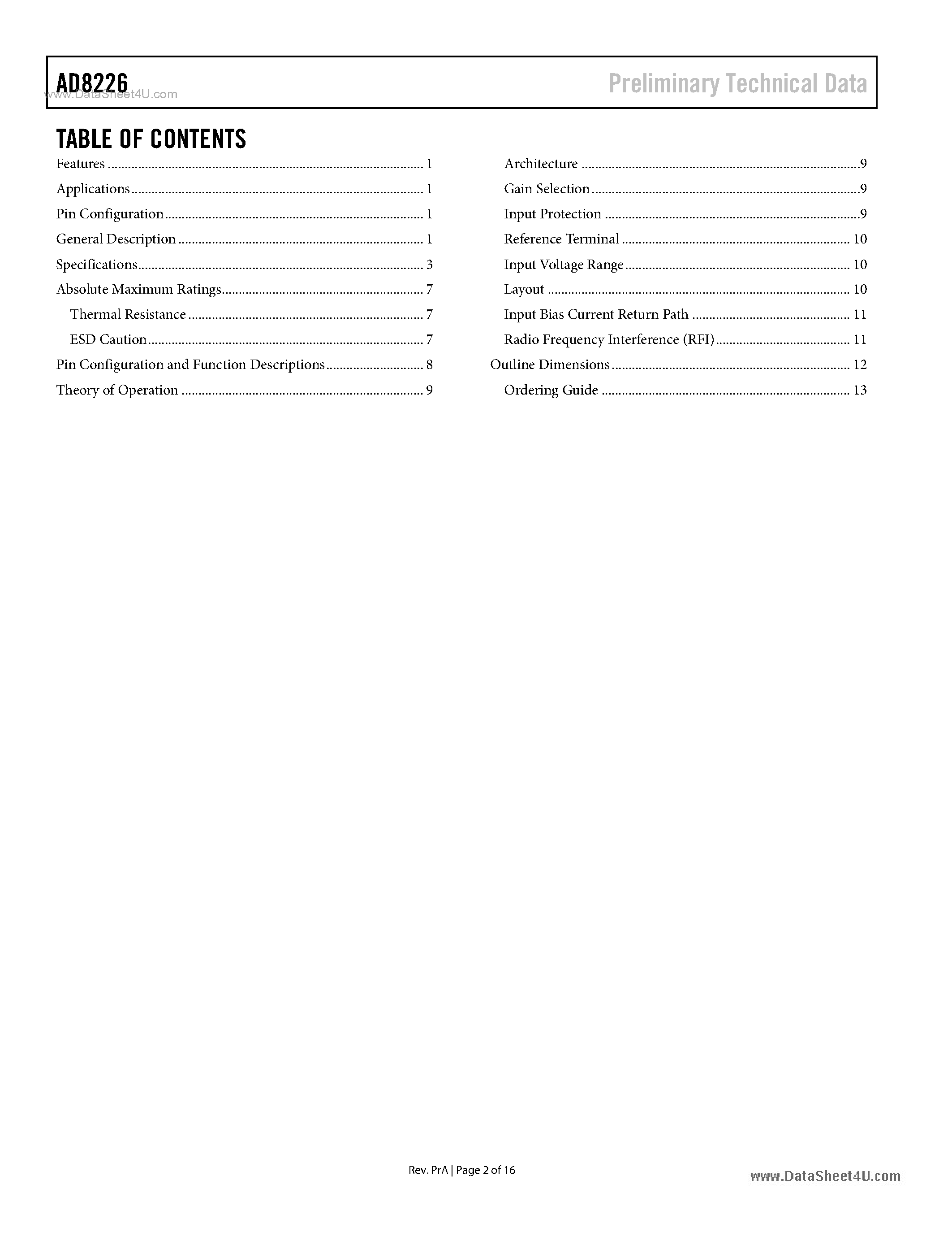 Datasheet AD8226 page 2 Datasheet AD8226 - Rail-to-Rail Output Instrumentation Amplifier page 2