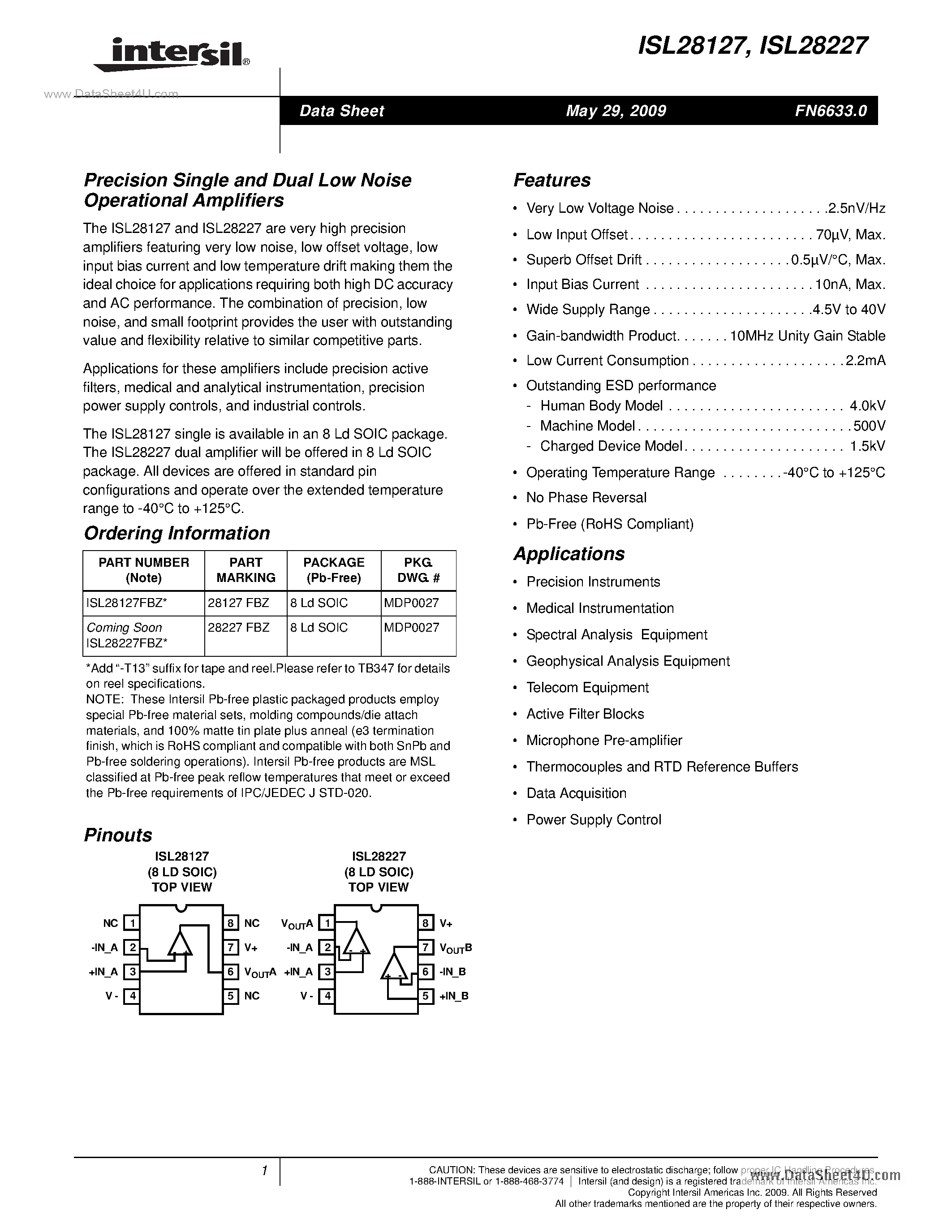 Даташит ISL28227-(ISL28127 / ISL28227) Precision Single And Dual Low Noise Operational Amplifiers страница 1
