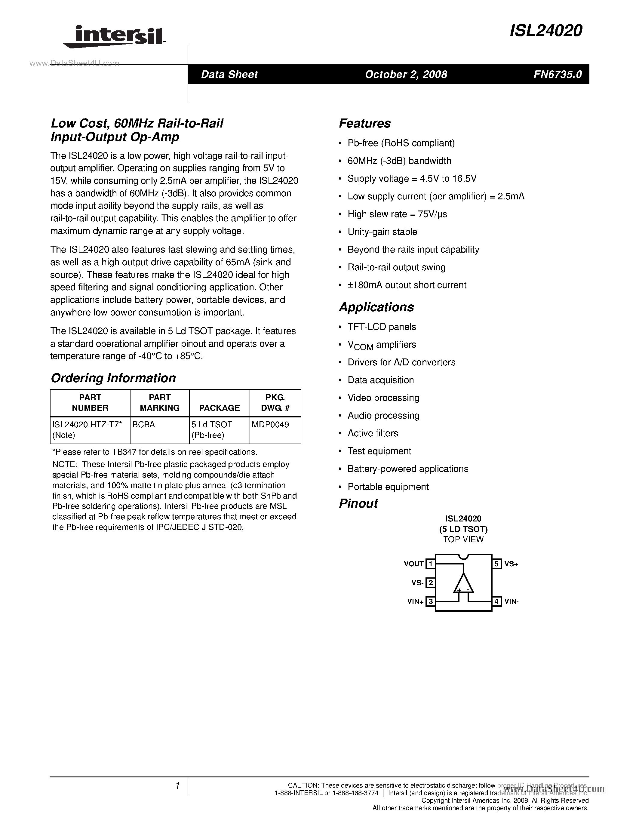 Datasheet ISL24020 - 60MHz Rail-to-Rail Input-Output Op-Amp page 1
