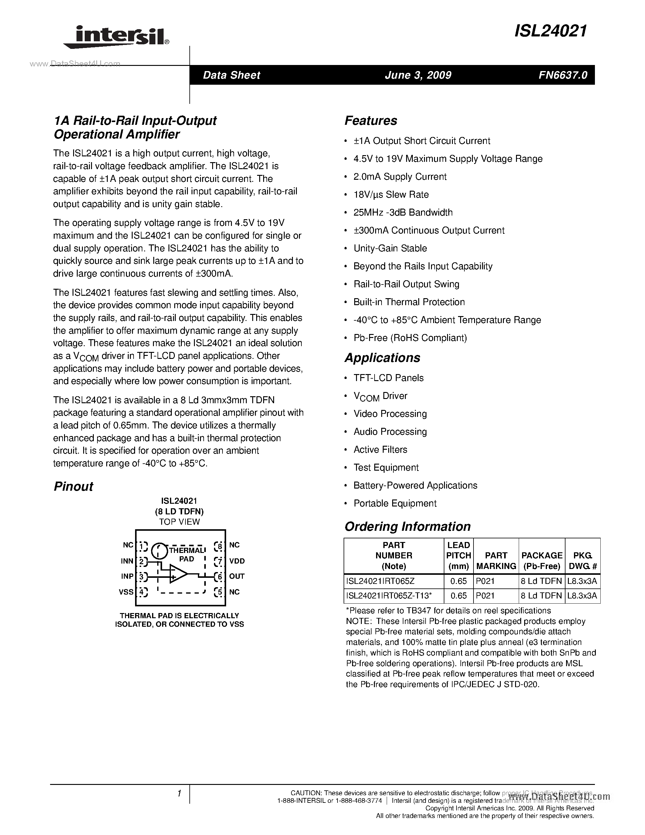 Datasheet ISL24021 - 1A Rail-to-Rail Input-Output Operational Amplifier page 1