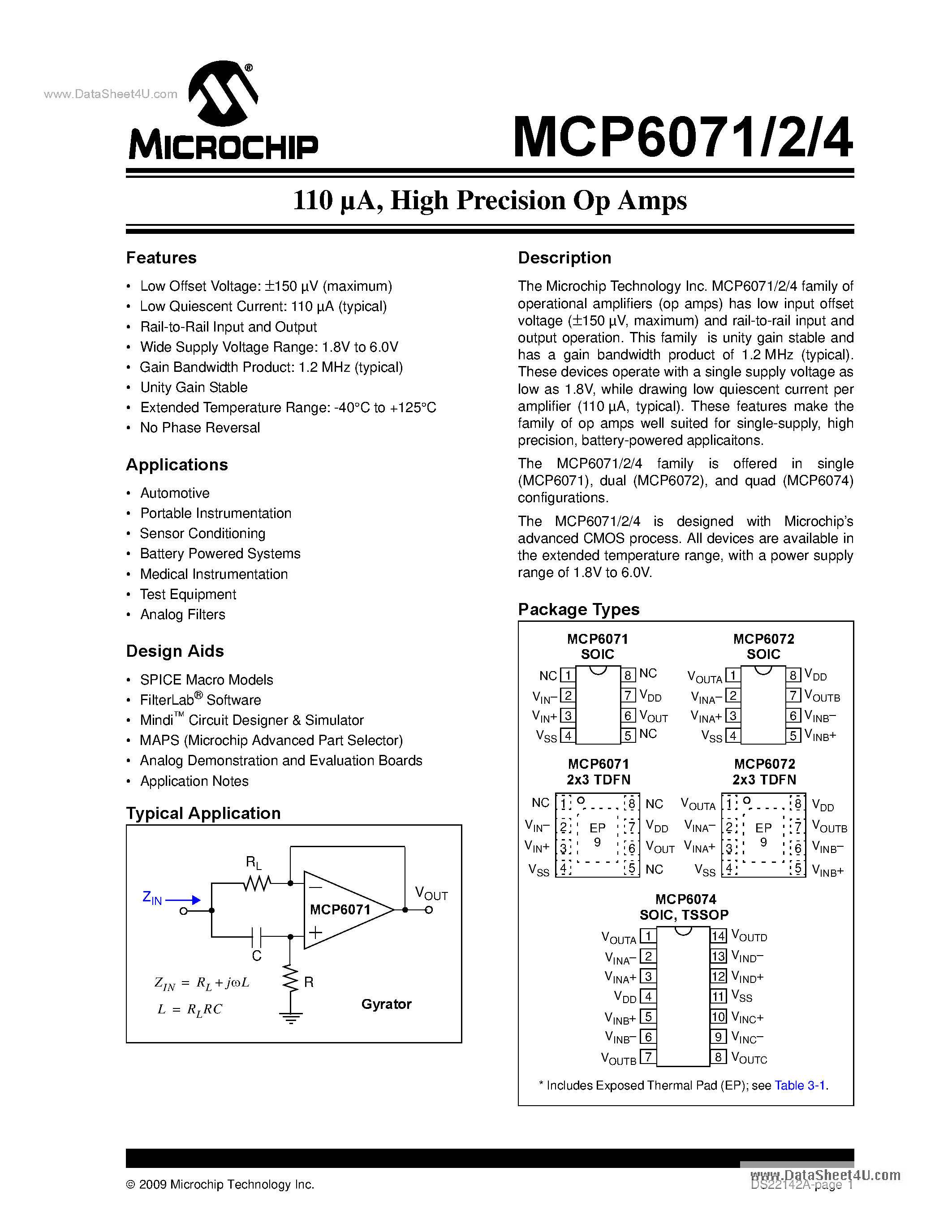 Даташит MCP6071 - (MCP6071 - MCP6074) High Precision Op Amps страница 1
