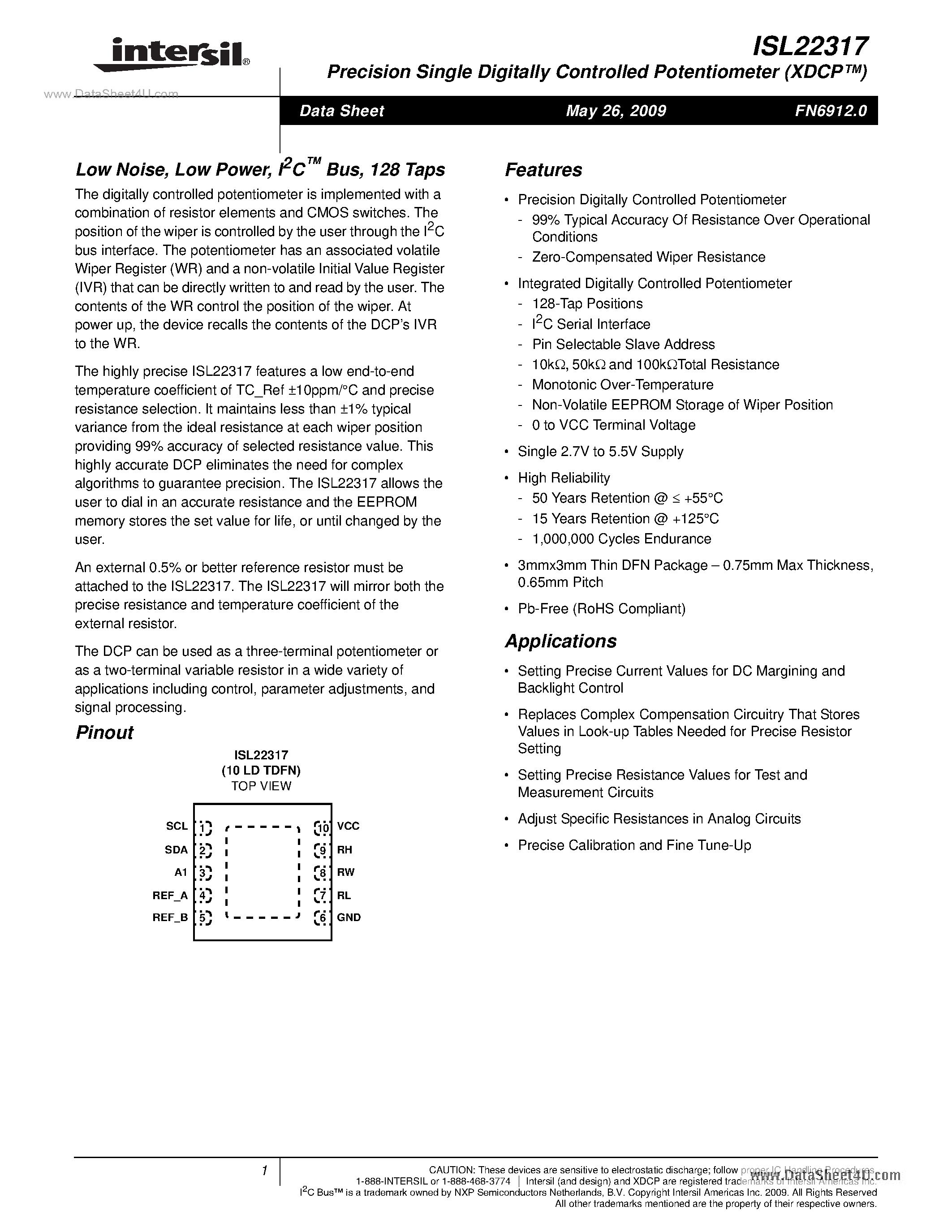 Datasheet ISL22317 - Precision Single Digitally Controlled Potentiometer page 1