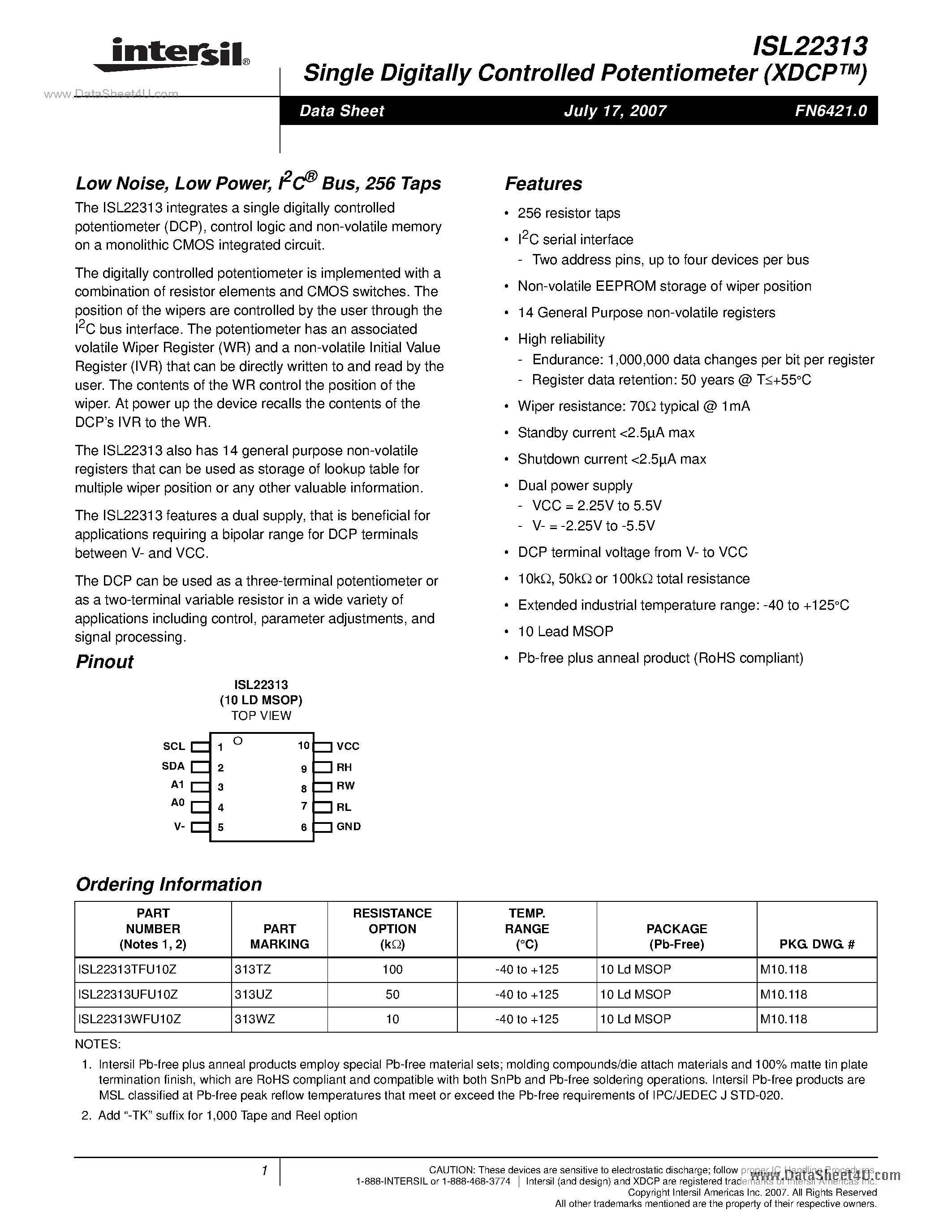 Datasheet ISL22313 - Single Digitally Controlled Potentiometer page 1