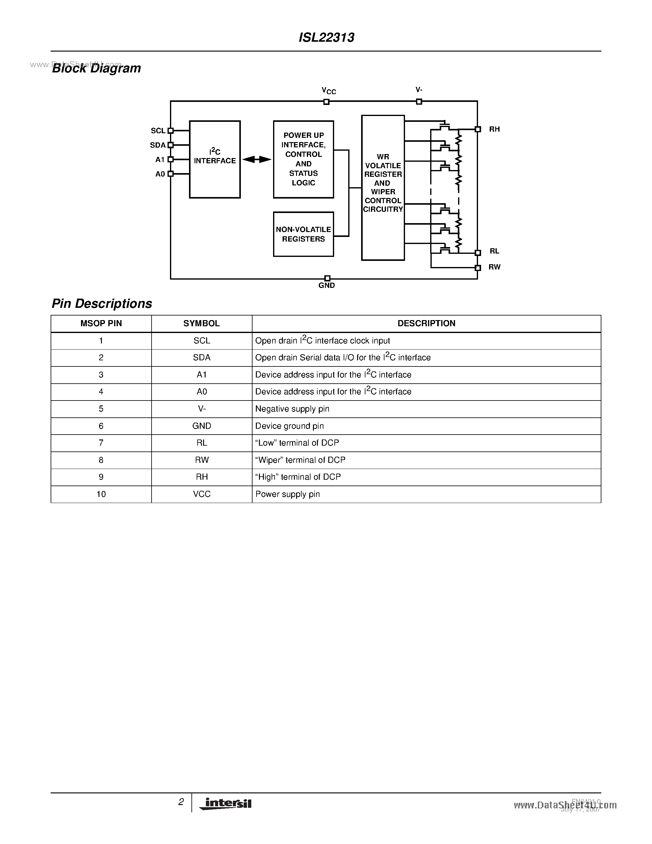 Datasheet ISL22313 - Single Digitally Controlled Potentiometer page 2