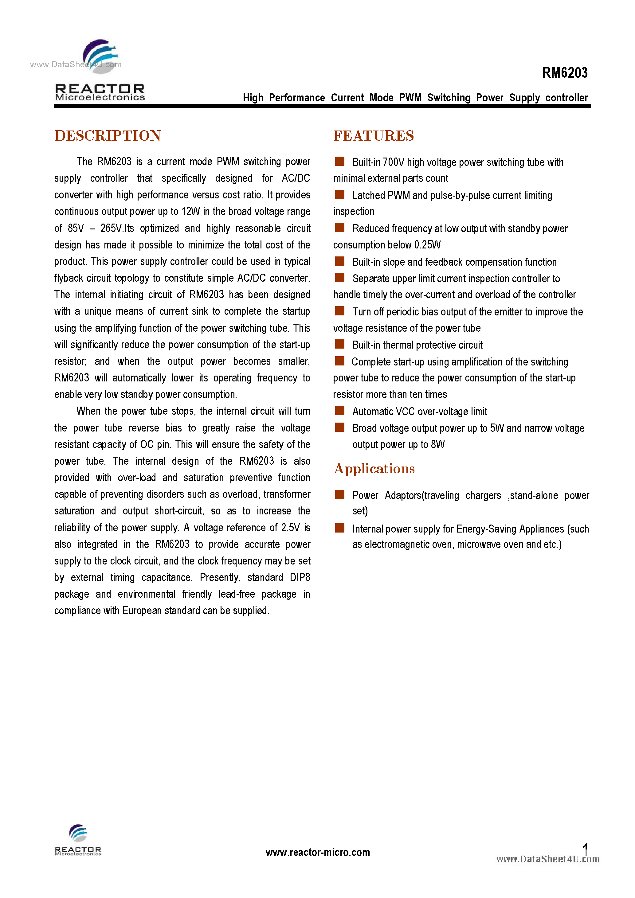Datasheet RM6203 - High Performance Current Mode PWM Switching Power Supply Controller page 1