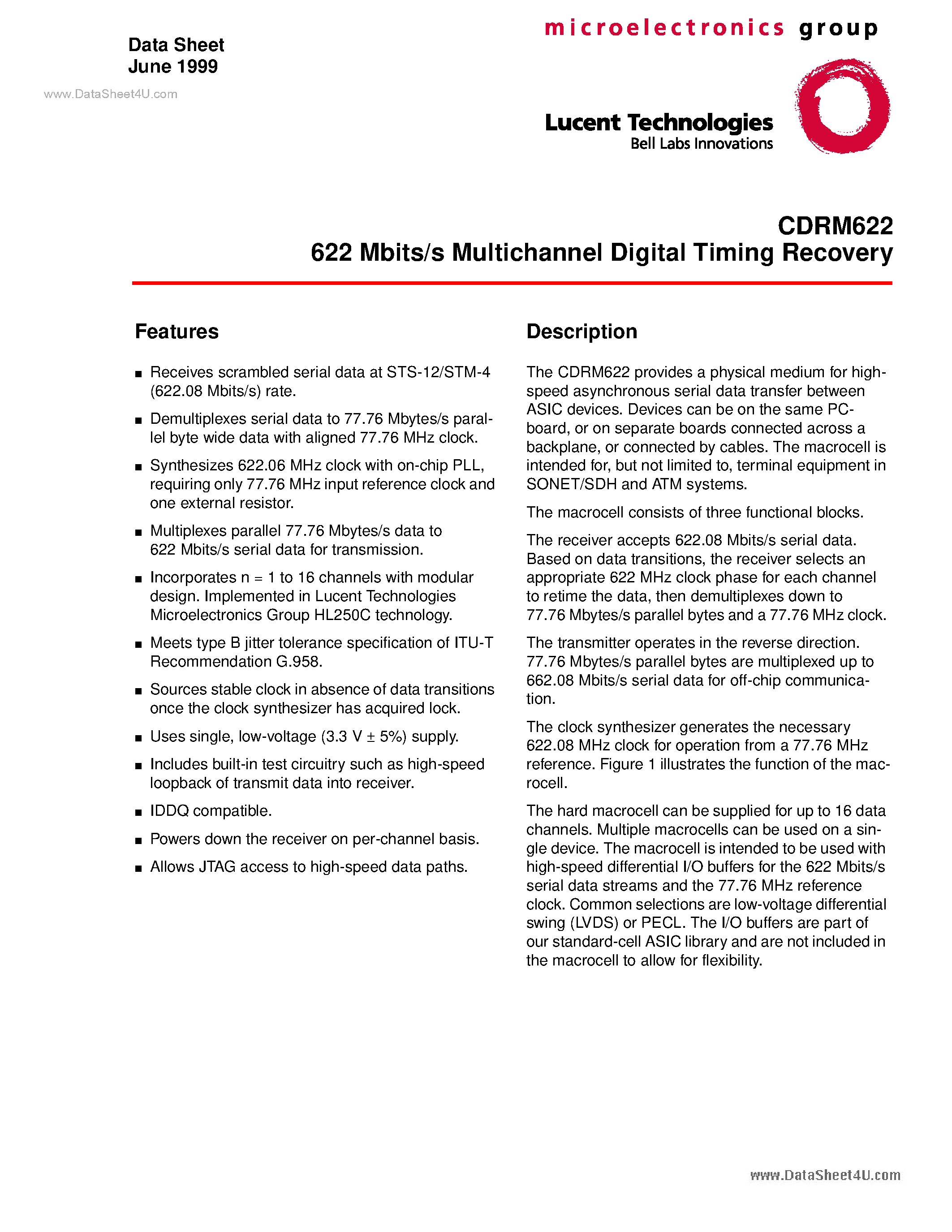Datasheet CDRM622 - 622 Mbits/s Multichannel Digital Timing Recovery page 1