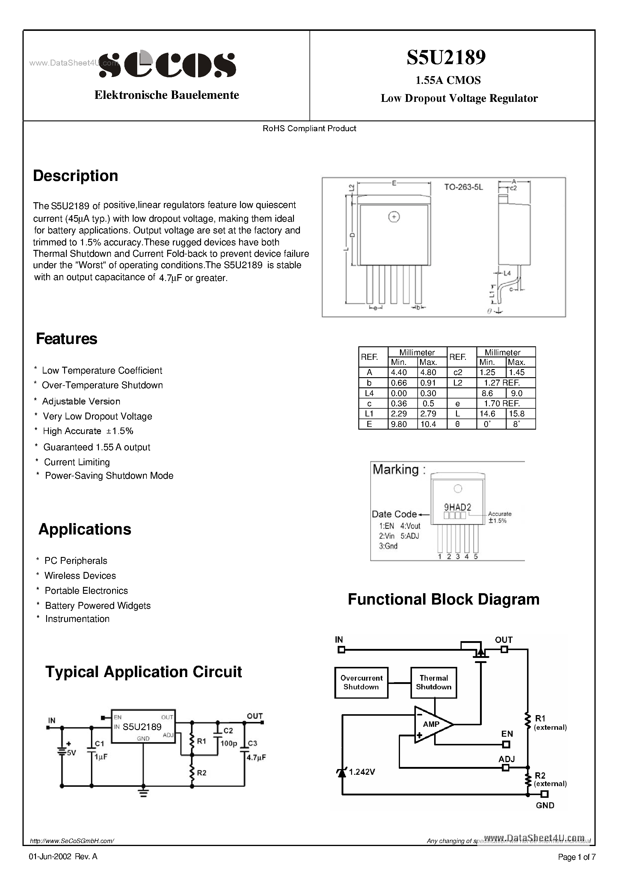 Datasheet S5U2189 page 1 Datasheet S5U2189 - 1.55A CMOS Low Dropout Voltage Regulator page 1