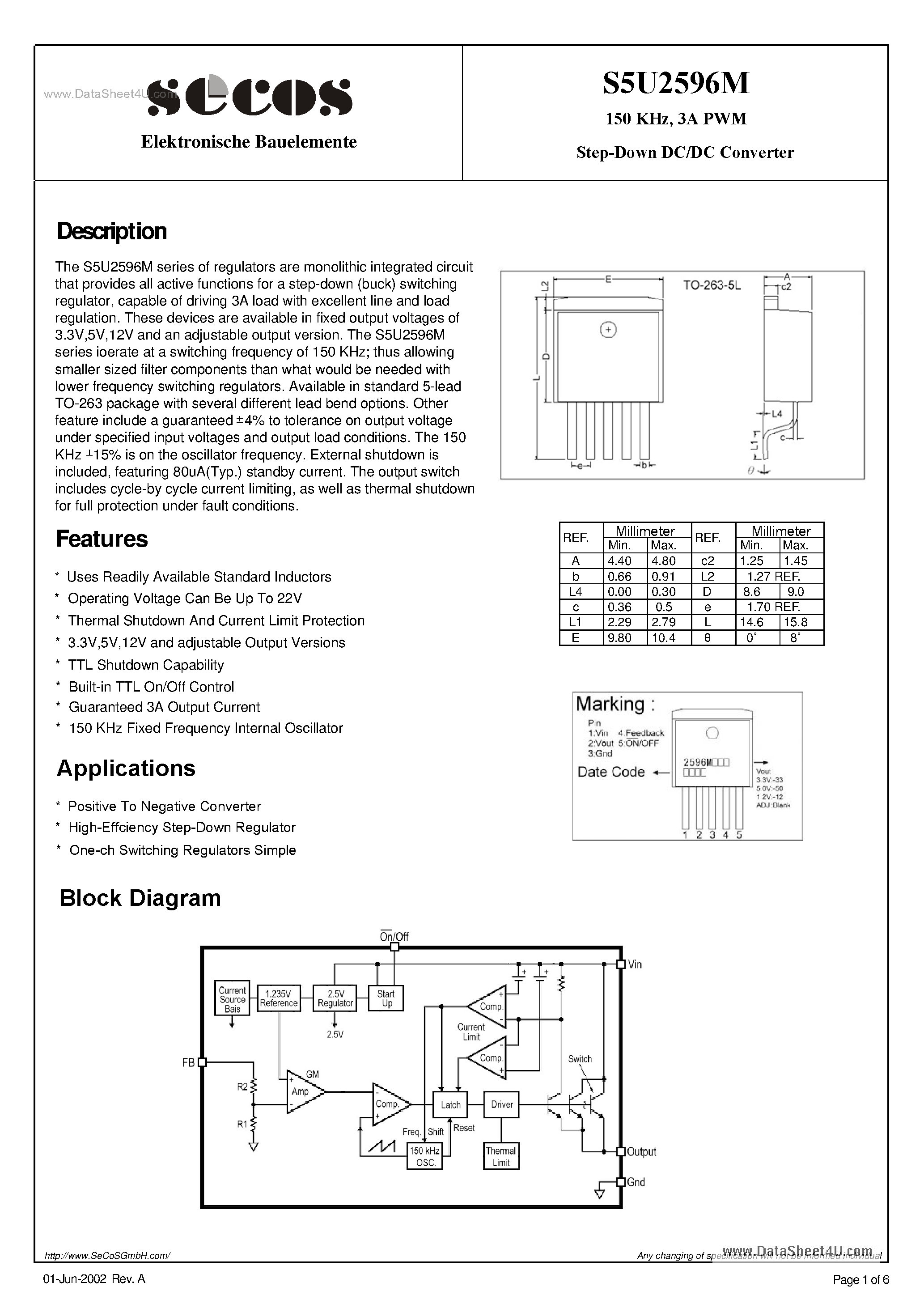 Datasheet S5U2596M - 3A PWM Step-Down DC/DC Converter page 1