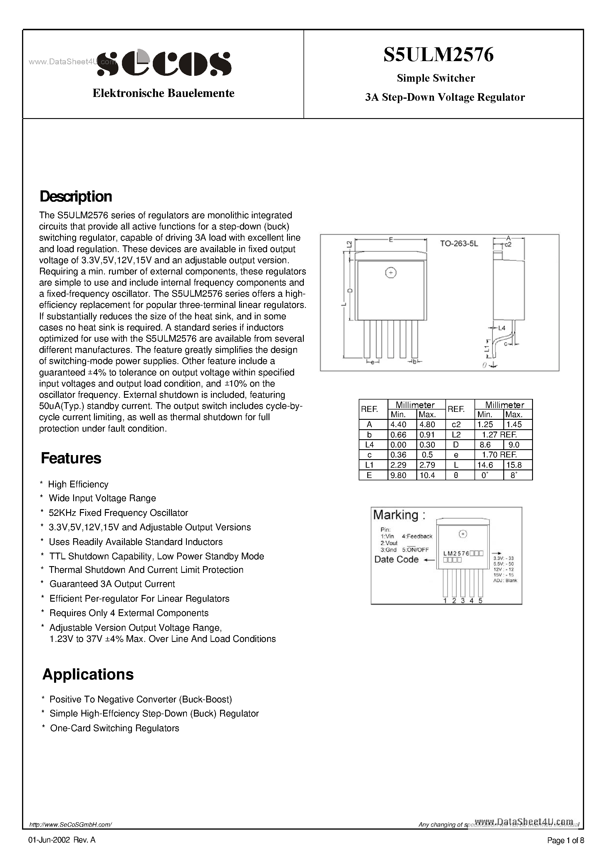 Datasheet S5ULM2576 - Simple Switcher 3A Step-Down Voltage Regulator page 1