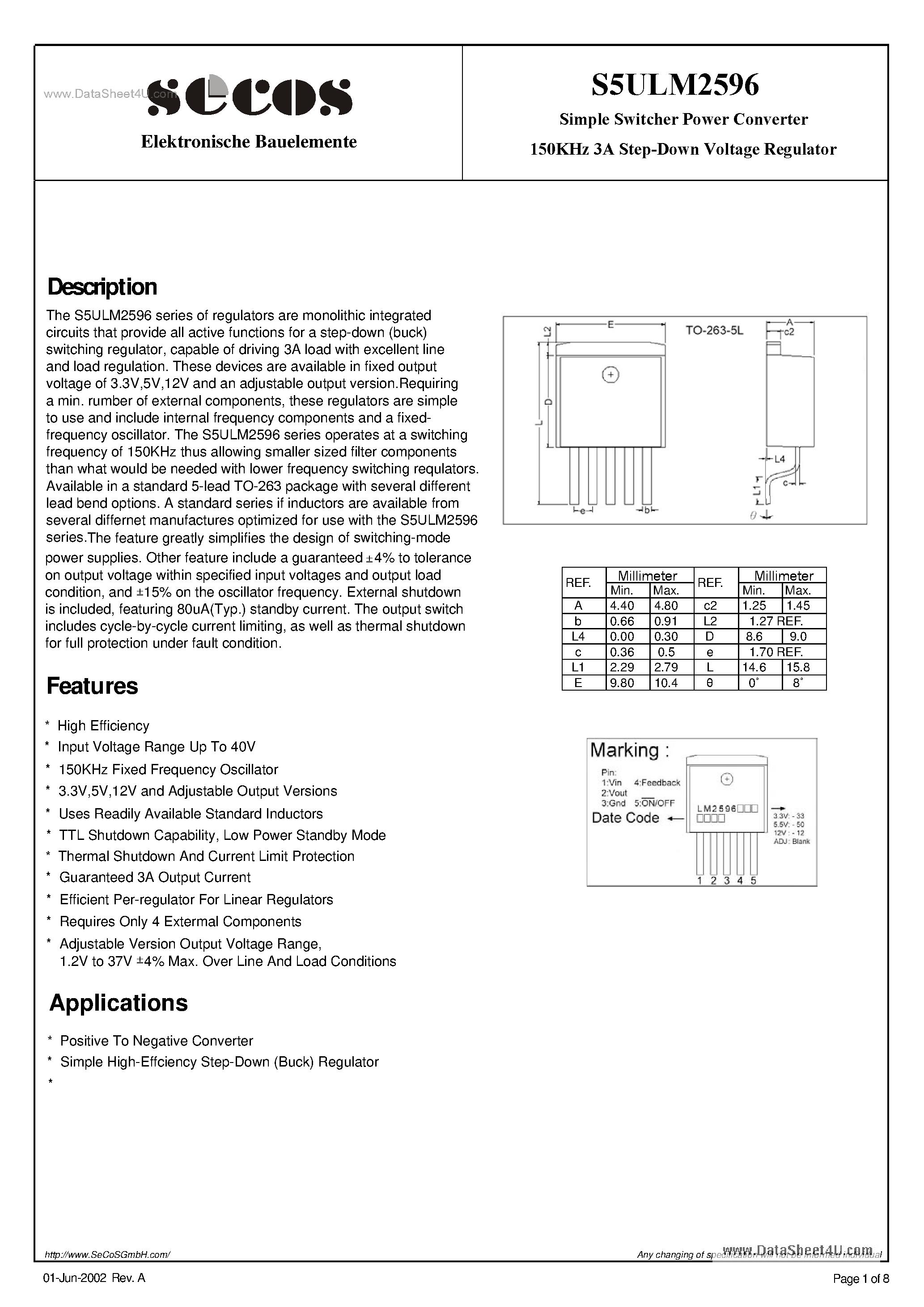 Datasheet S5ULM2596 page 1 Datasheet S5ULM2596 - Simple Switcher Power Converter 150KHz 3A Step-Down Voltage Regulator page 1