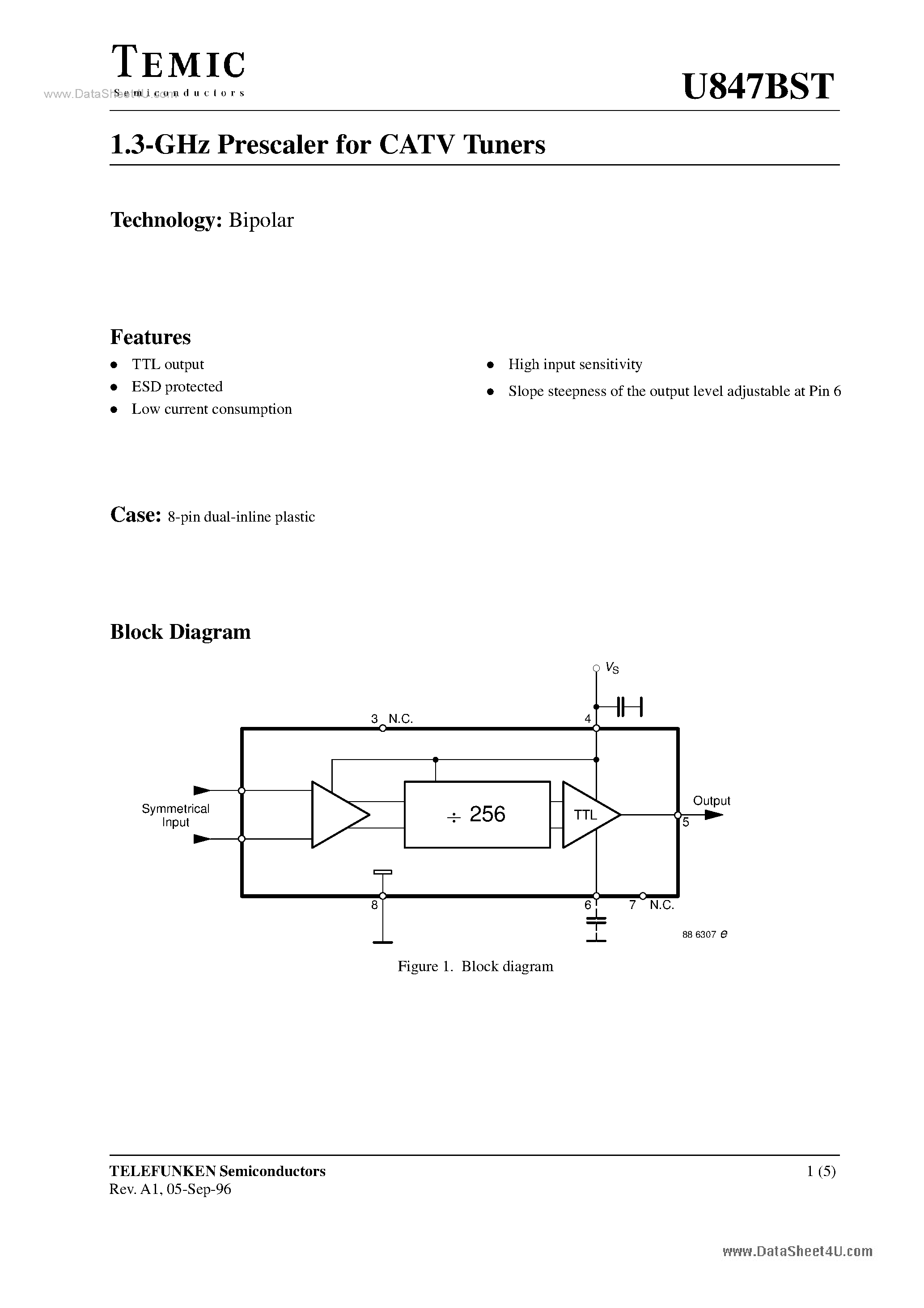 Datasheet U847BST page 1 Datasheet U847BST - 1.3-GHz Prescaler page 1