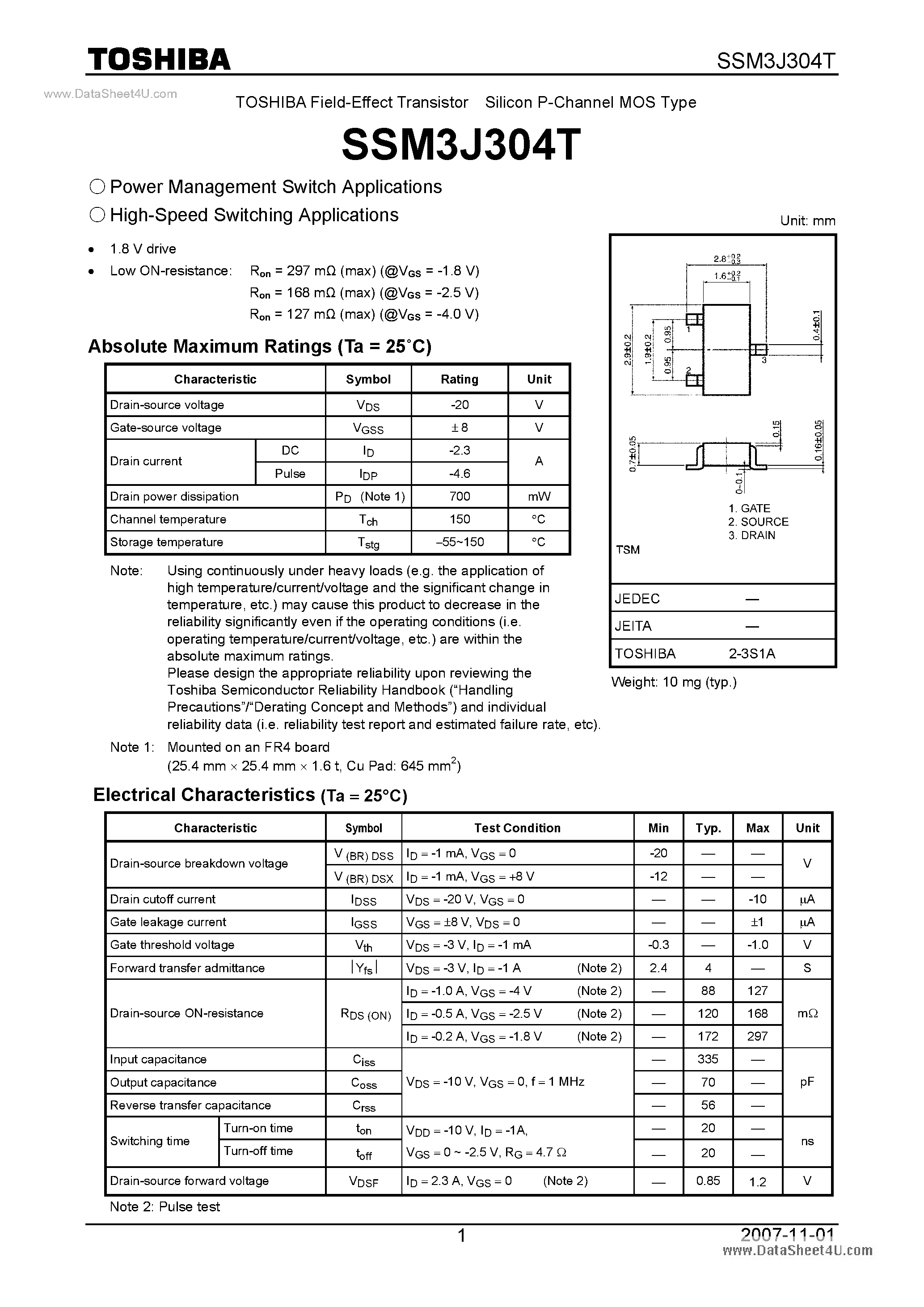 Datasheet SSM3J304T - Field-Effect Transistor Silicon P-Channel MOS Type page 1