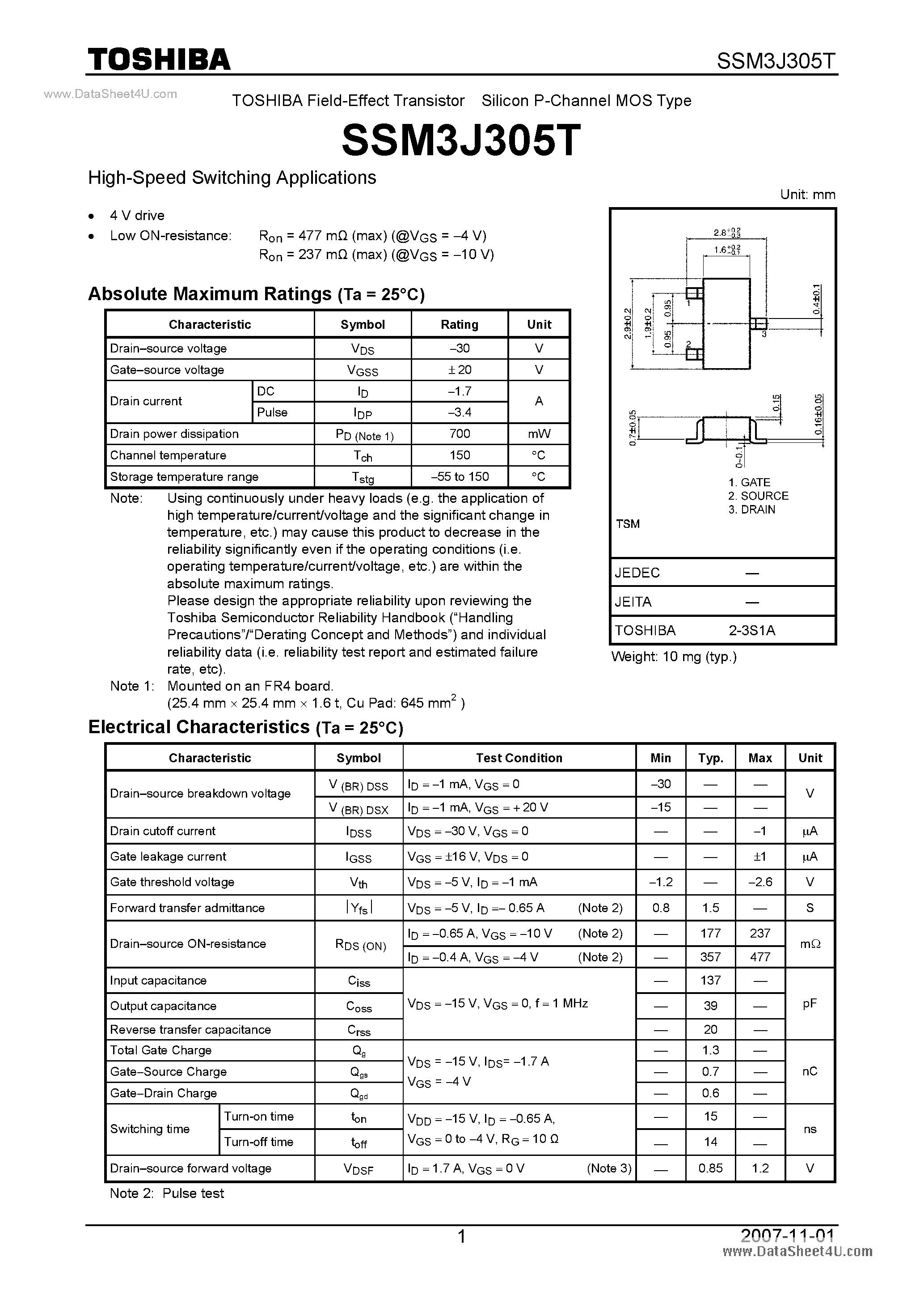 Datasheet SSM3J305T - Field-Effect Transistor Silicon P-Channel MOS Type page 1